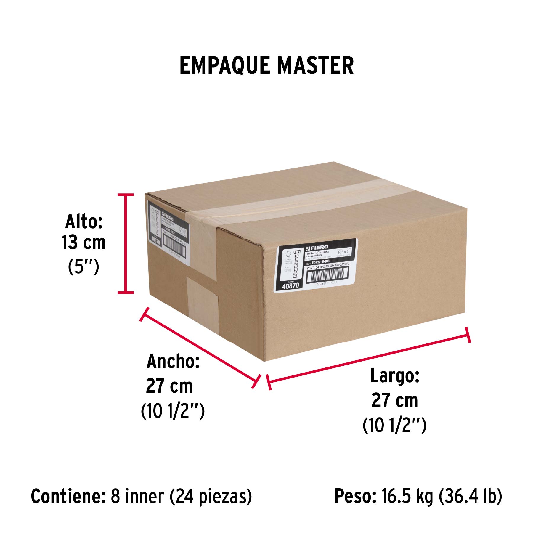 Bolsa con 10 tornillos 5/8" x 1" tipo máquina, FIERO - Empaque