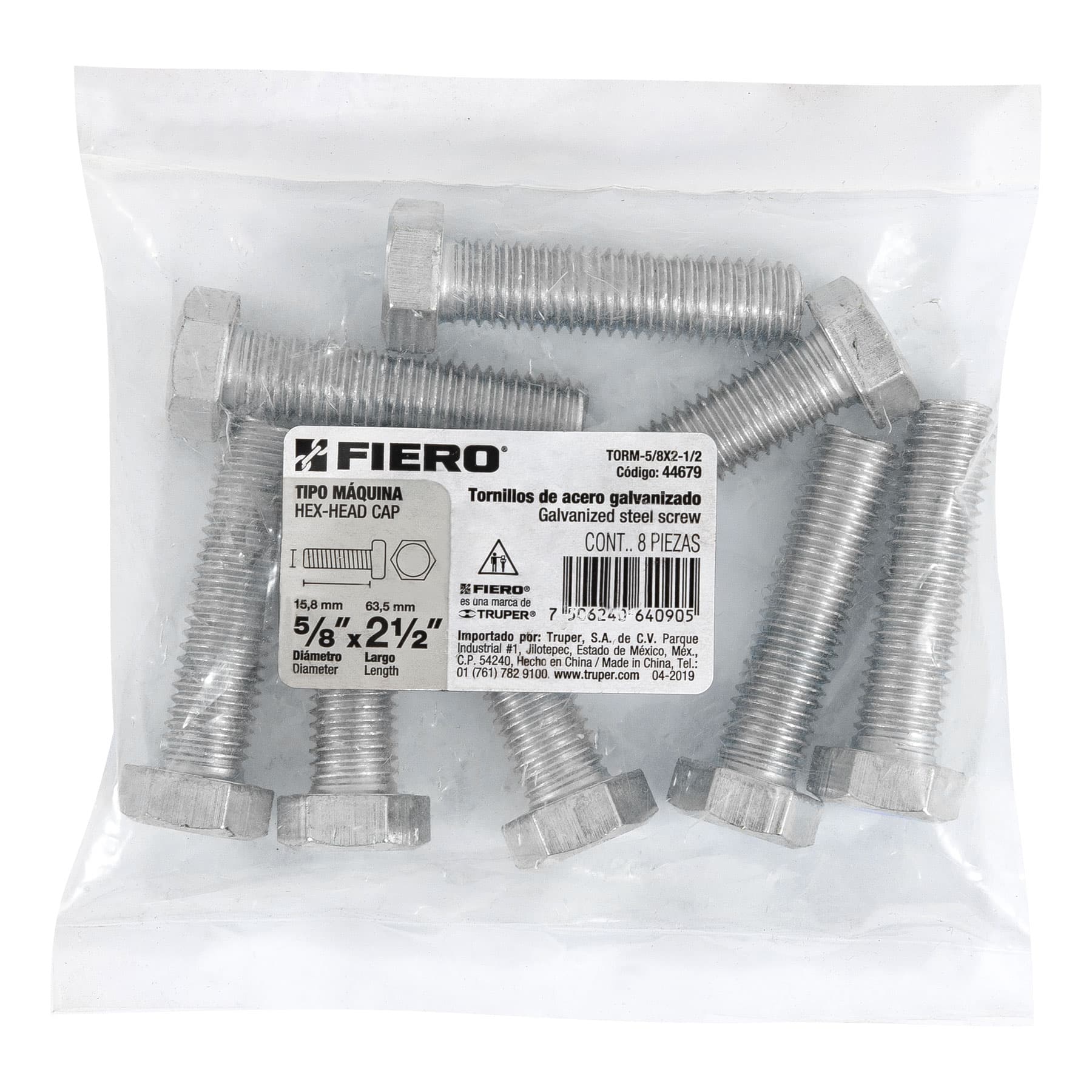 Bolsa con 8 tornillos 5/8" x 2-1/2" tipo máquina, FIERO