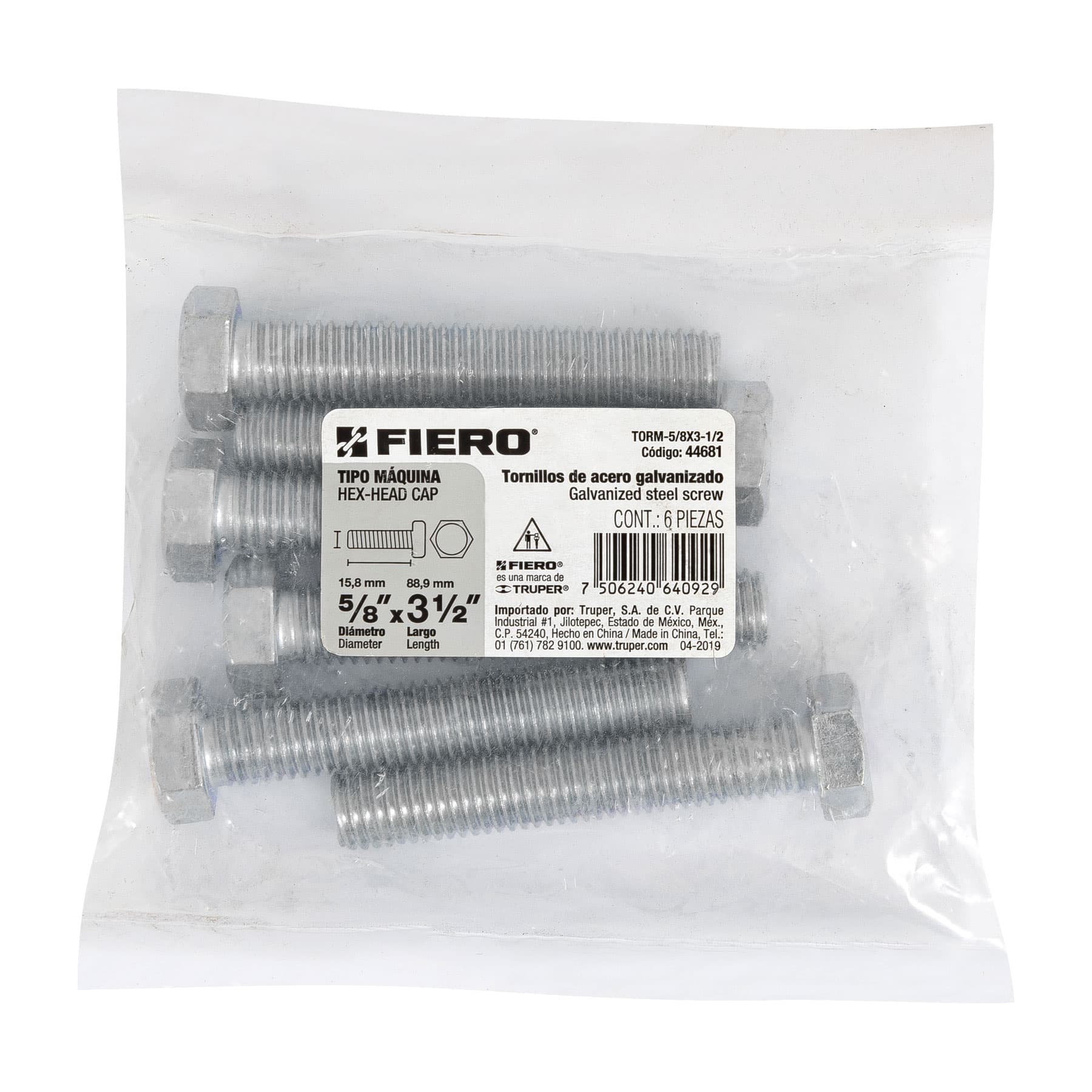 Bolsa con 6 tornillos 5/8" x 3-1/2" tipo máquina, FIERO