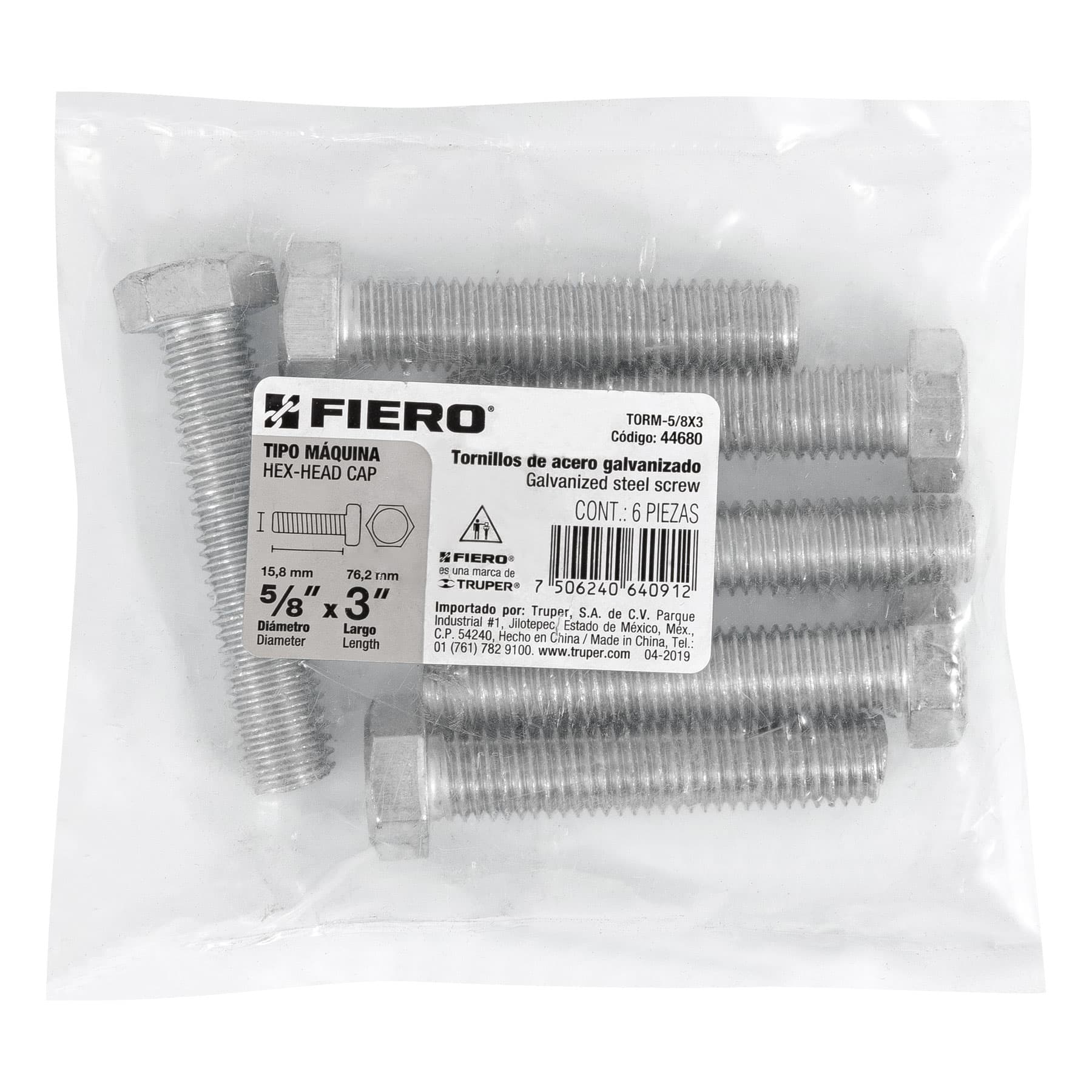 Bolsa con 6 tornillos 5/8" x 3" tipo máquina, FIERO