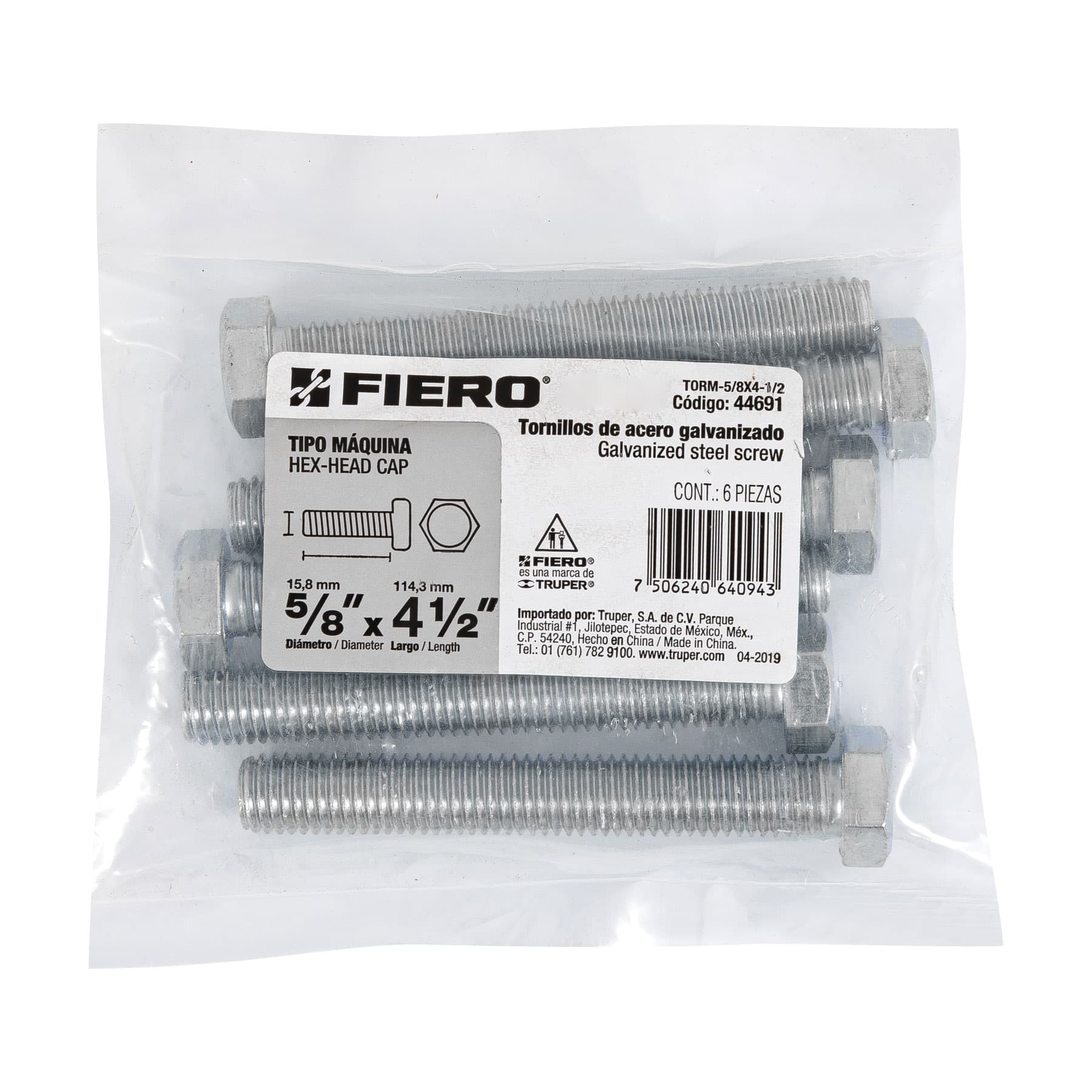 Bolsa con 6 tornillos 5/8" x 4-1/2" tipo máquina, FIERO