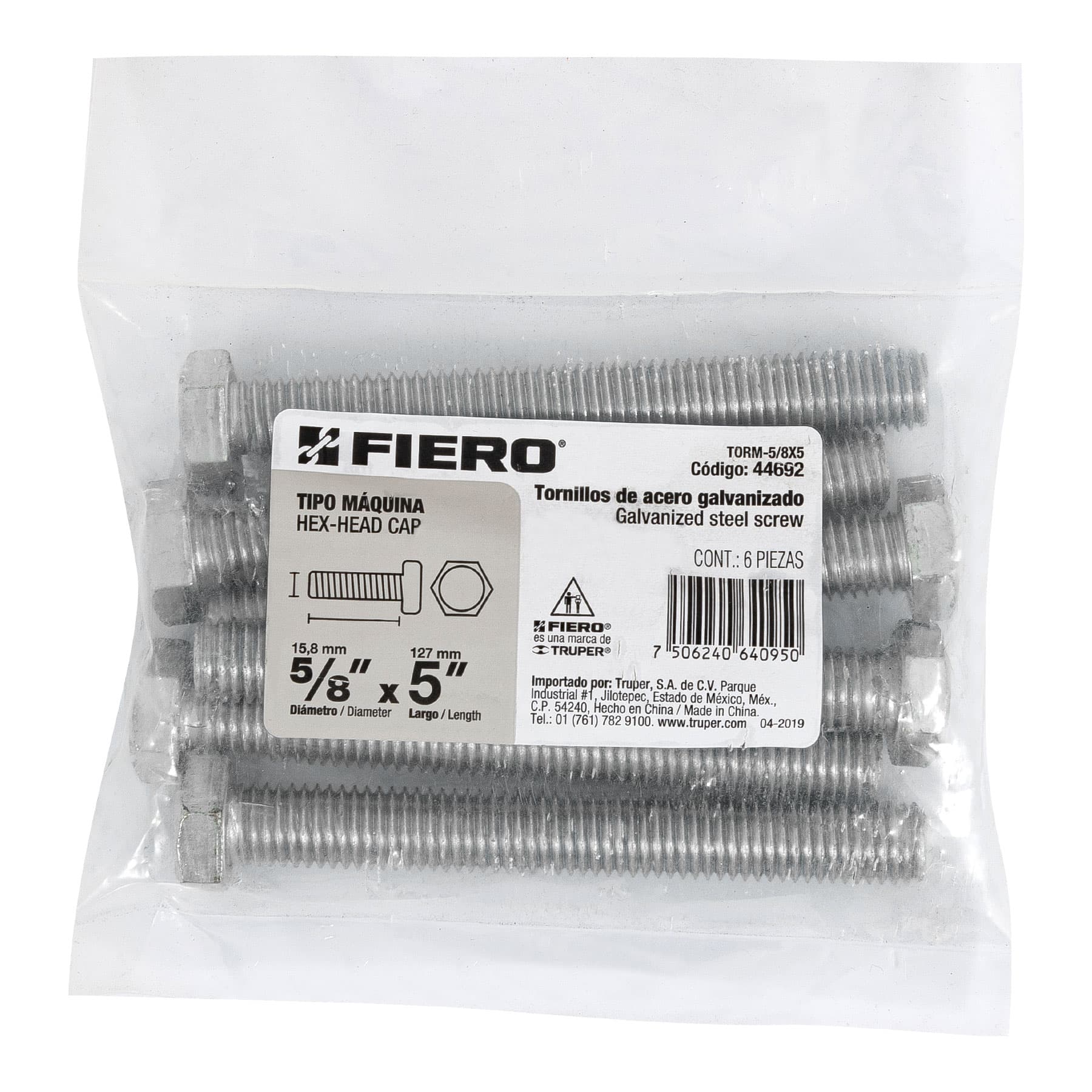 Bolsa con 6 tornillos 5/8" x 5" tipo máquina, FIERO