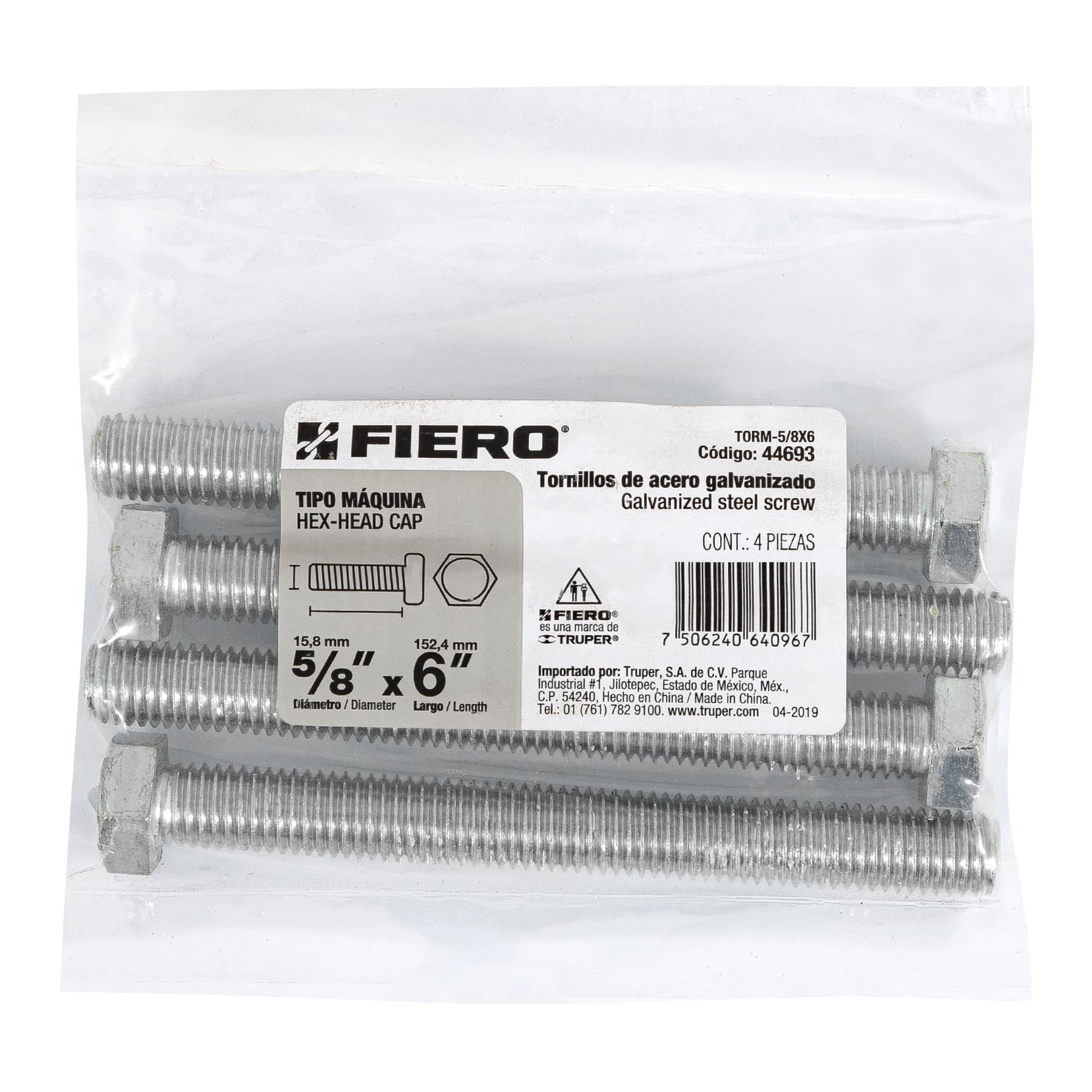 Bolsa con 4 tornillos 5/8" x 6" tipo máquina, FIERO