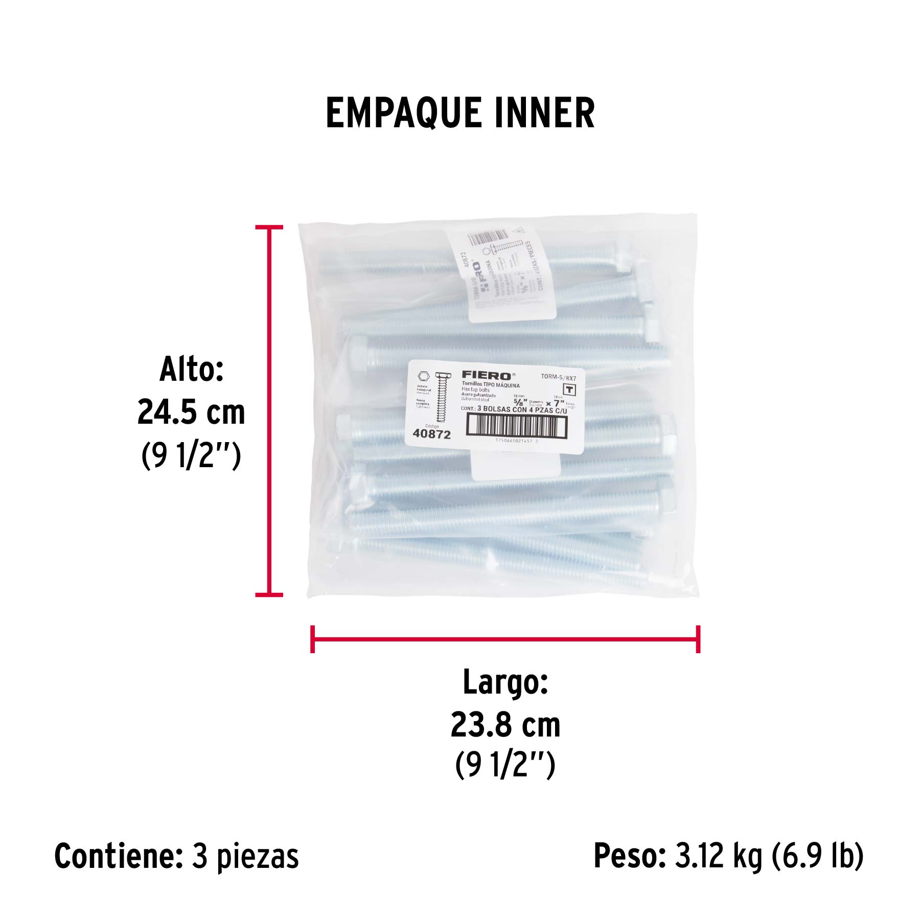 Bolsa con 4 tornillos 5/8" x 7" tipo máquina, FIERO - Empaque