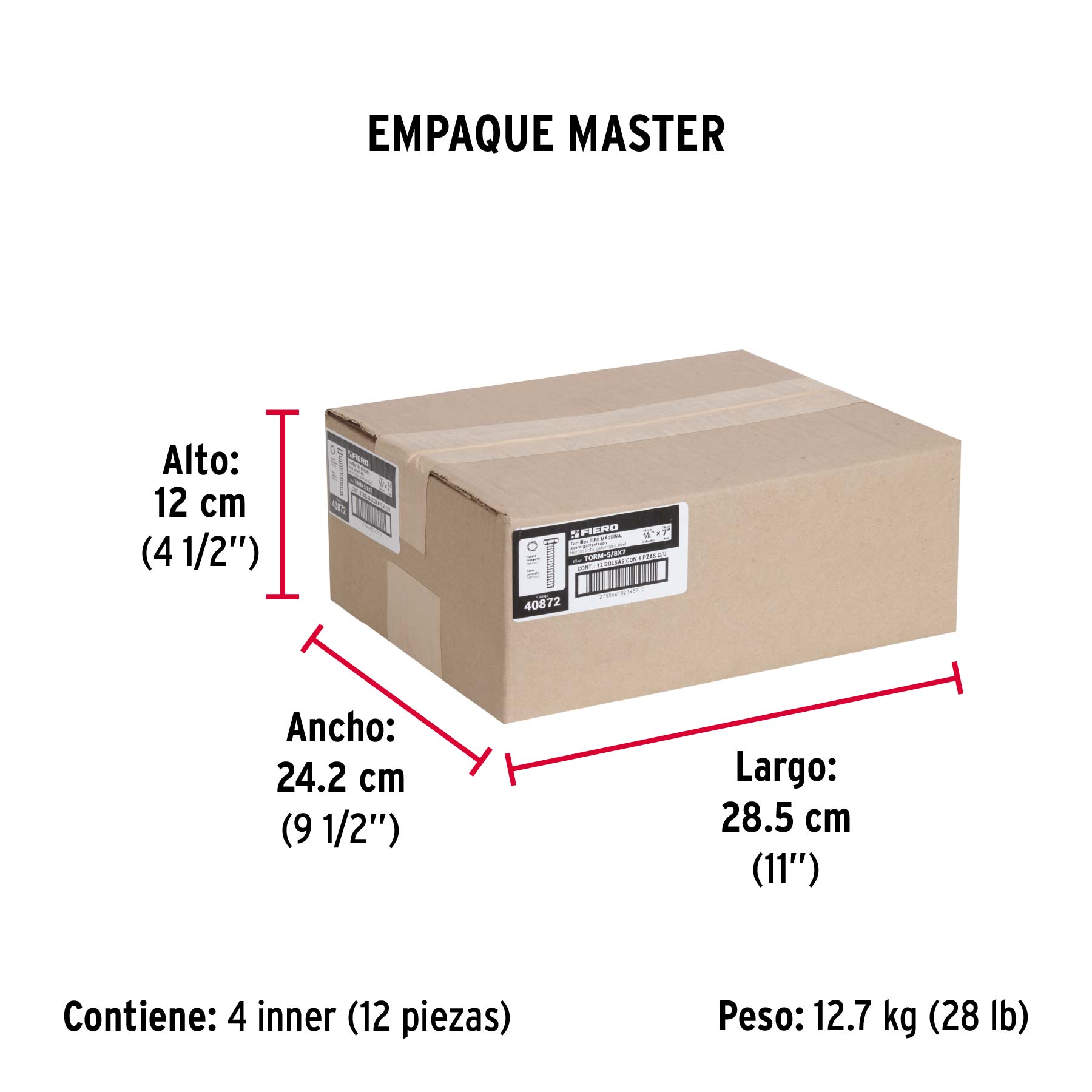 Bolsa con 4 tornillos 5/8" x 7" tipo máquina, FIERO - Empaque