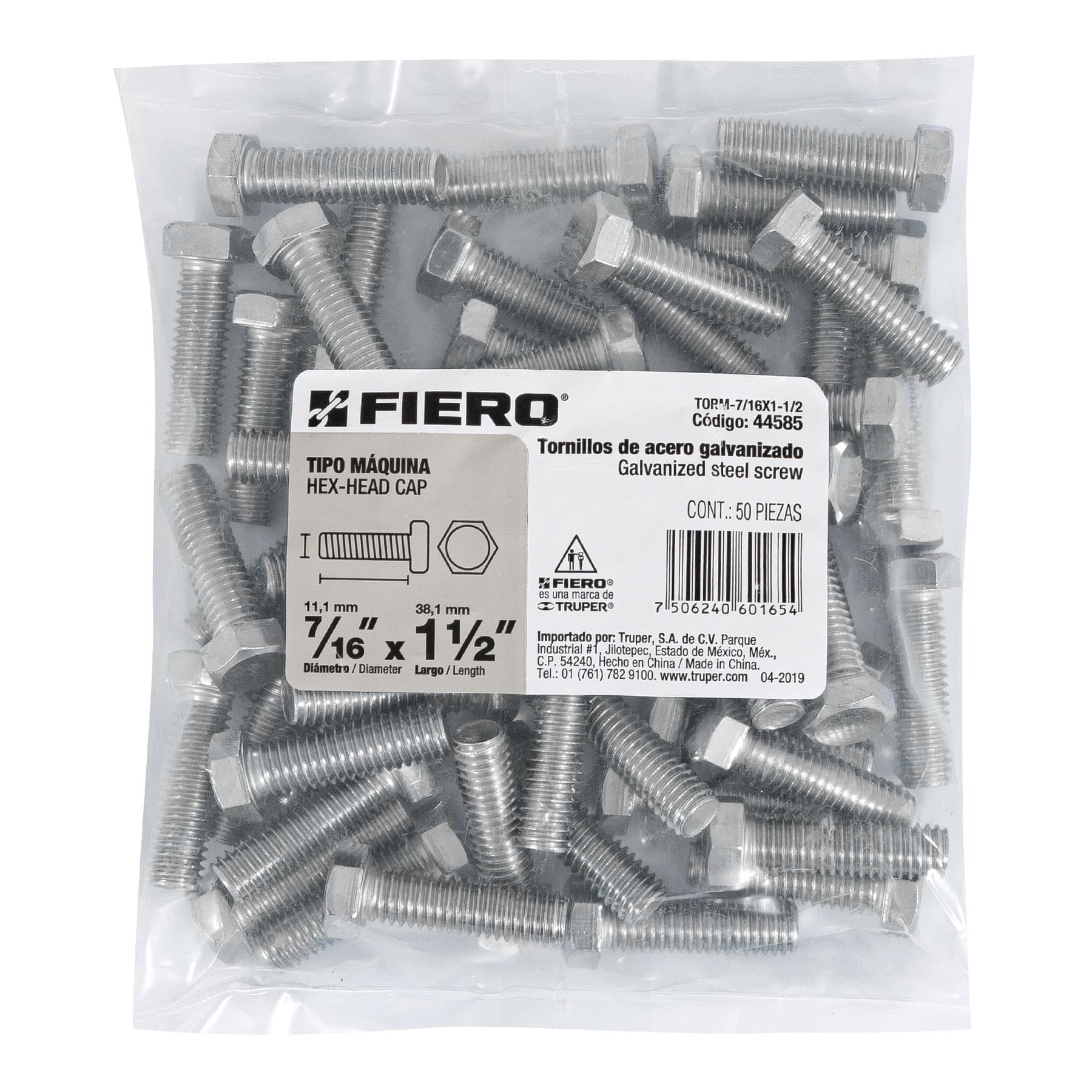 Bolsa con 50 tornillos 7/16" x 1-1/2" tipo máquina, FIERO