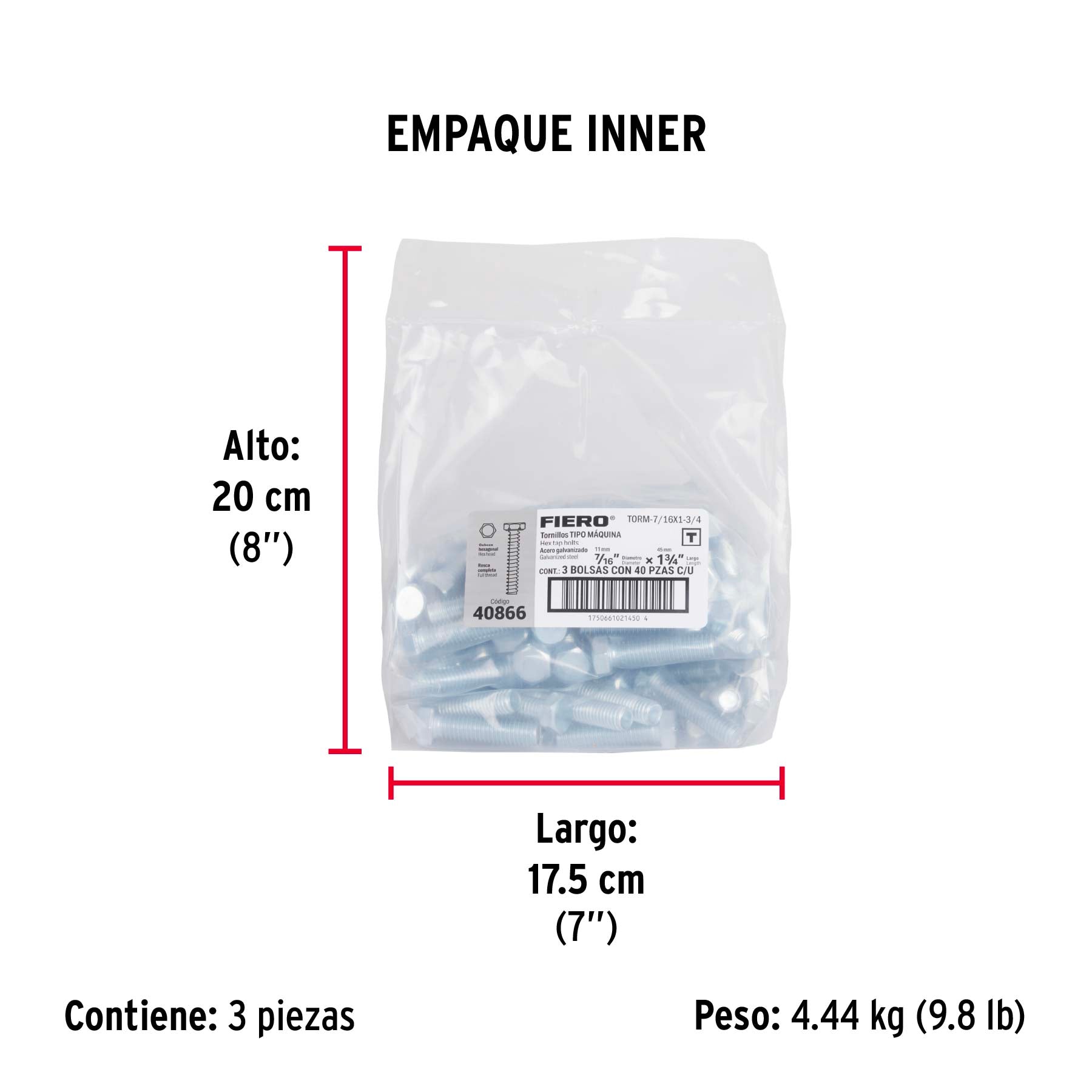 Bolsa con 40 tornillos 7/16" x 1-3/4" tipo máquina, FIERO - Empaque