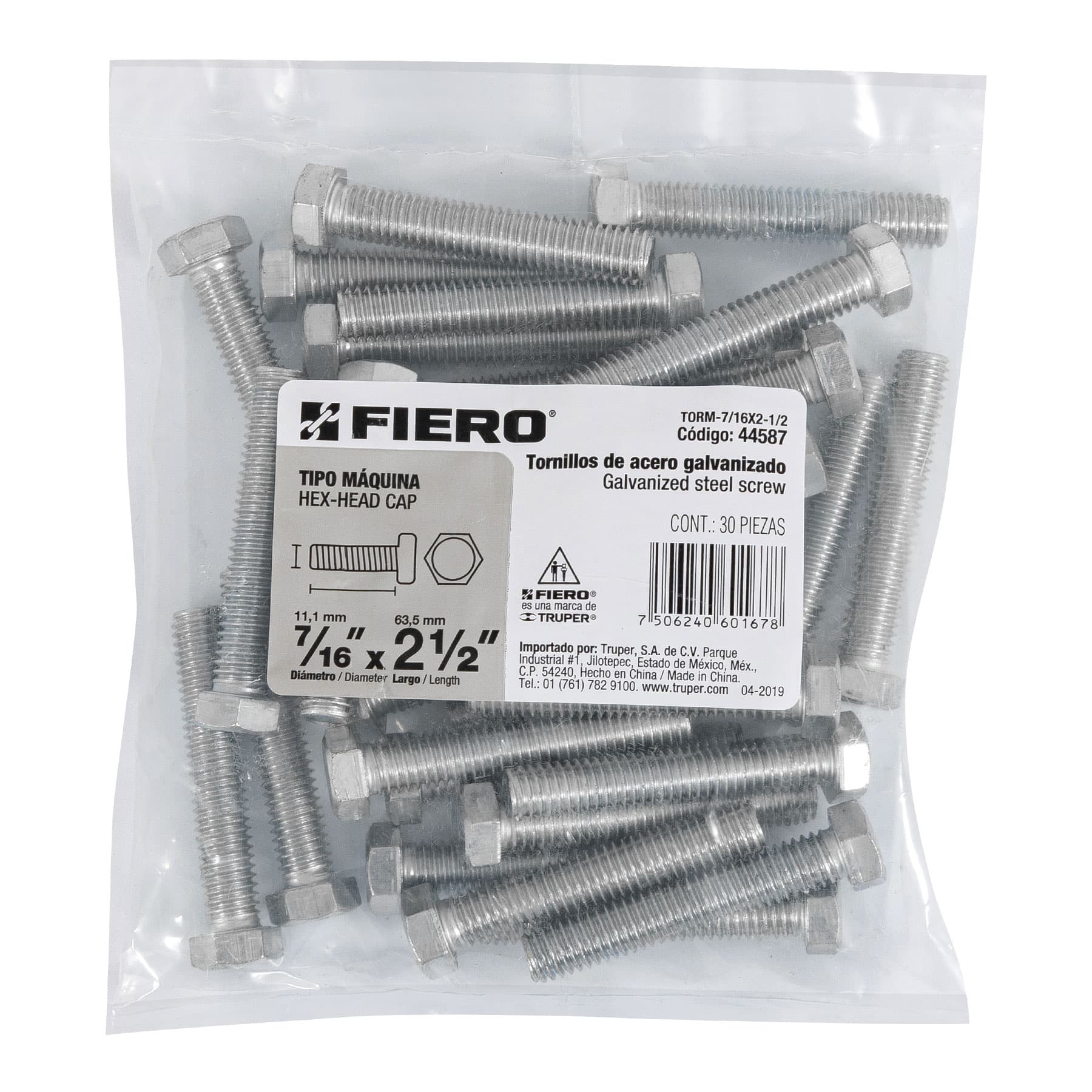 Bolsa con 30 tornillos 7/16" x 2-1/2" tipo máquina, FIERO
