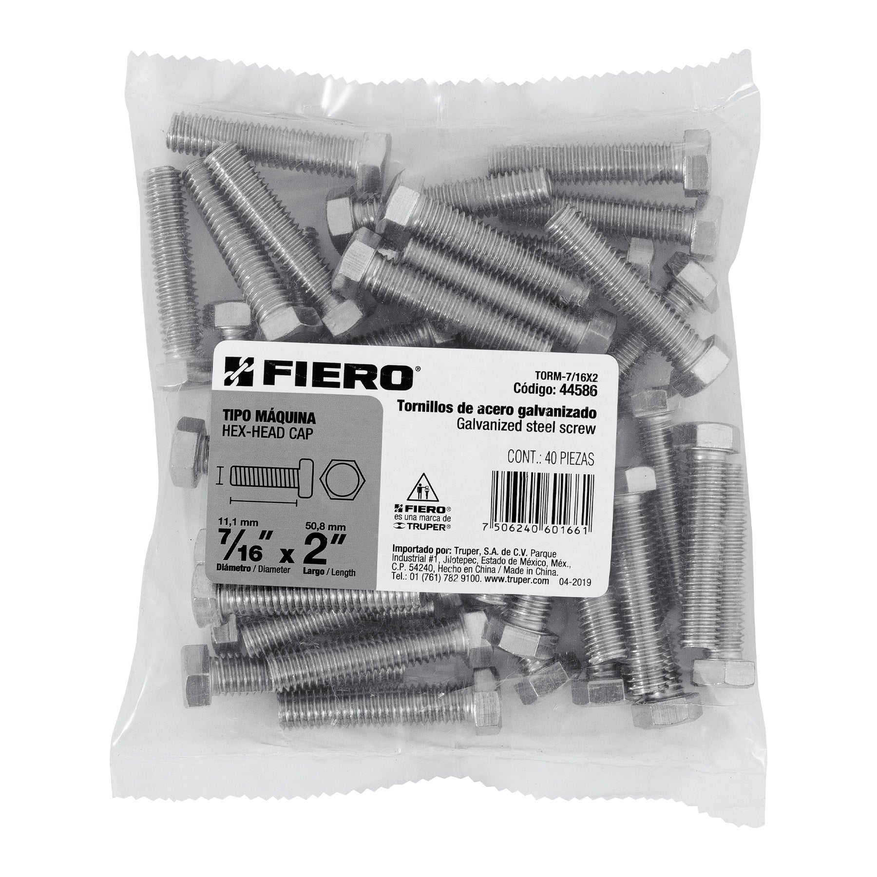 Bolsa con 40 tornillos 7/16" x 2" tipo máquina, FIERO