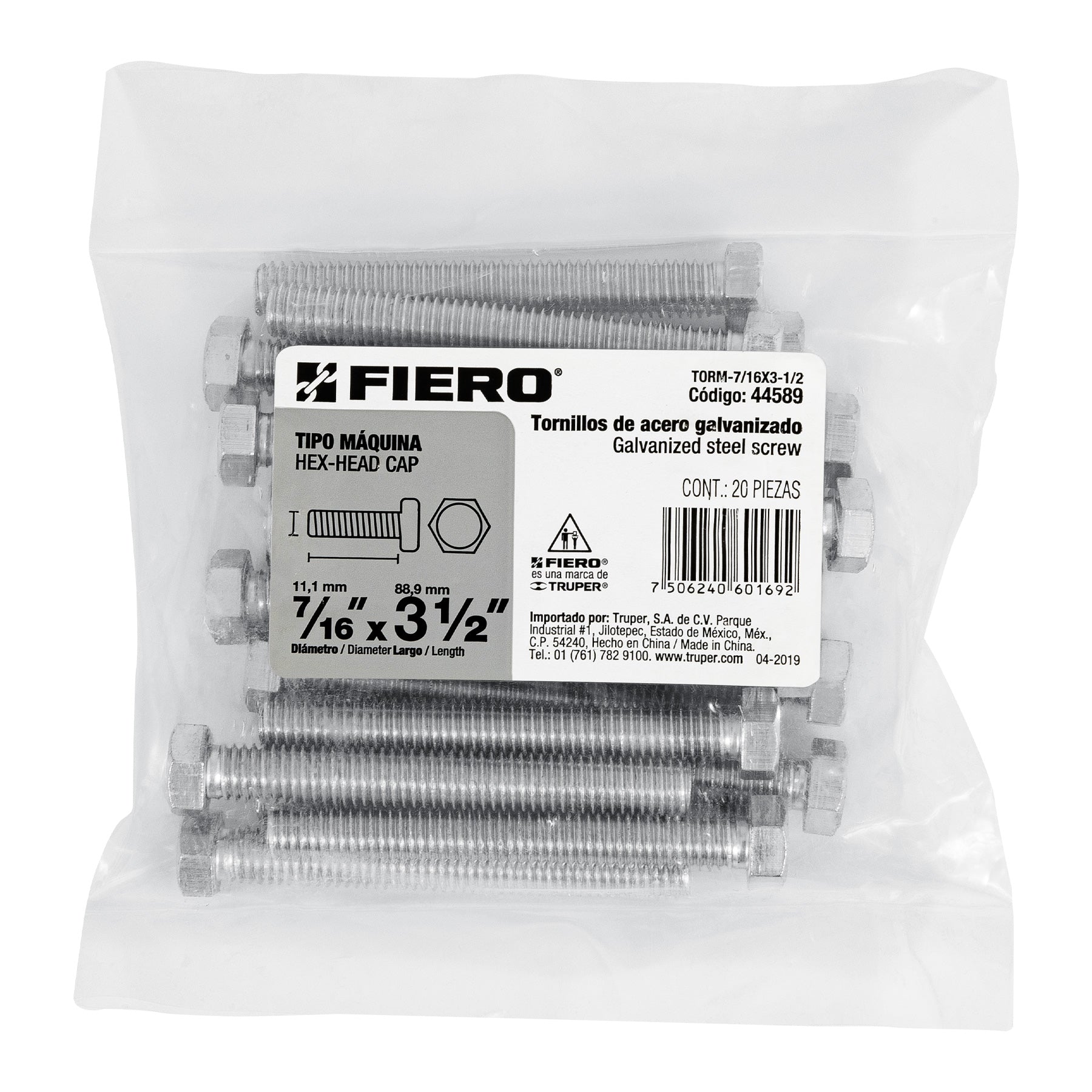 Bolsa con 20 tornillos 7/16" x 3-1/2" tipo máquina, FIERO