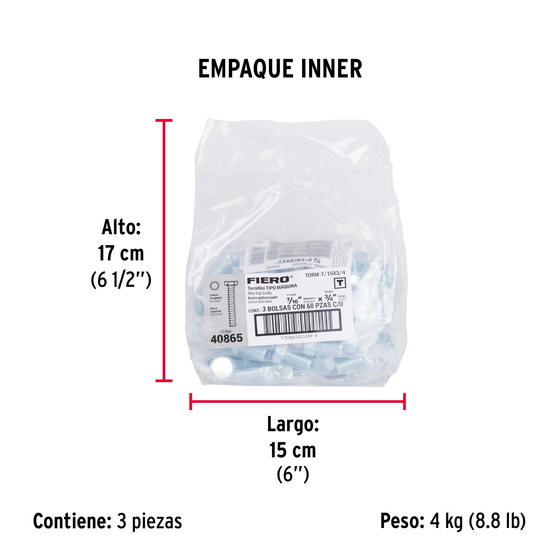Bolsa con 60 tornillos 7/16" x 3/4" tipo máquina, FIERO - Empaque
