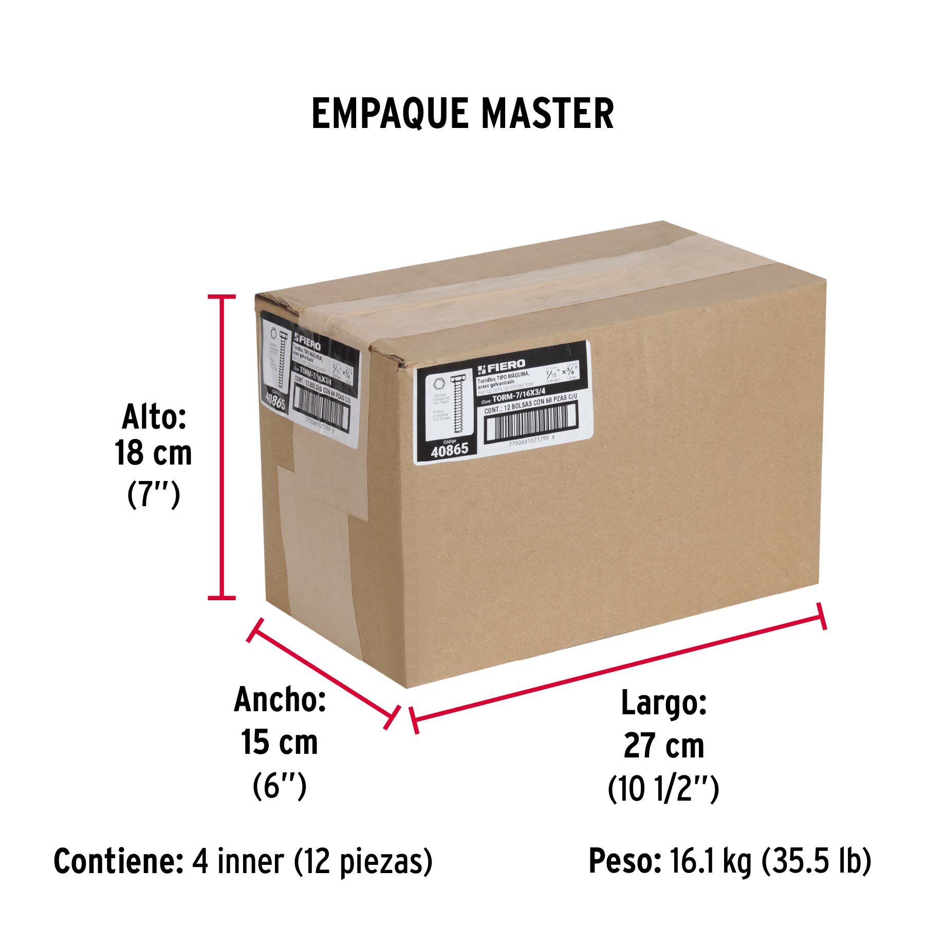 Bolsa con 60 tornillos 7/16" x 3/4" tipo máquina, FIERO - Empaque