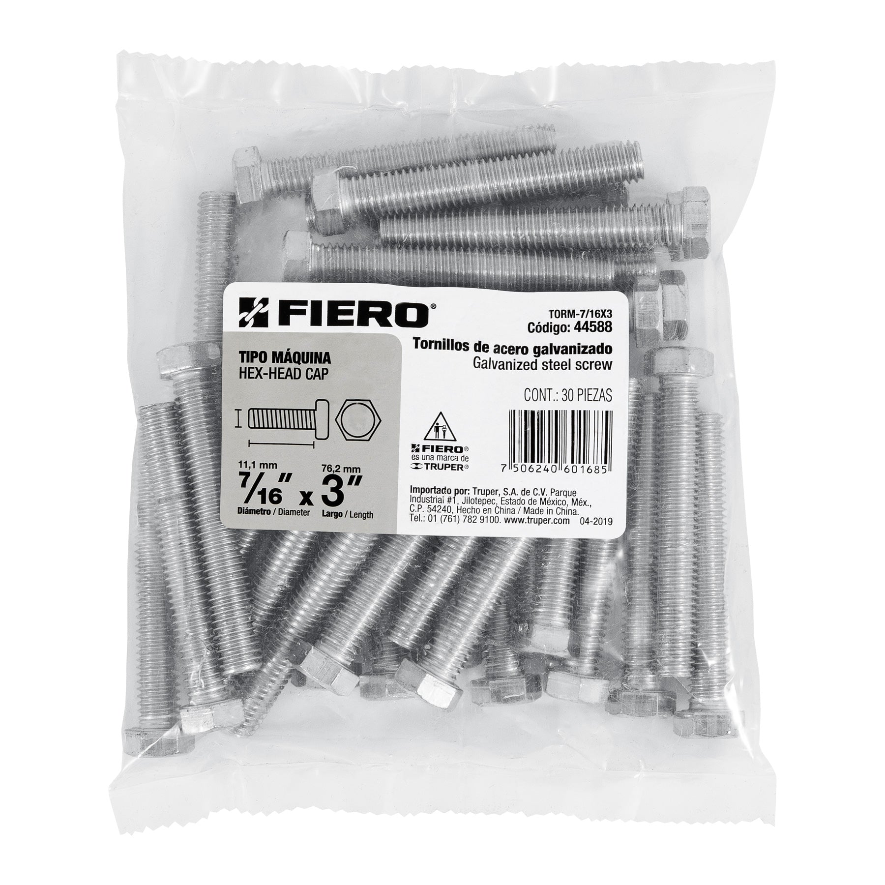 Bolsa con 30 tornillos 7/16" x 3" tipo máquina, FIERO