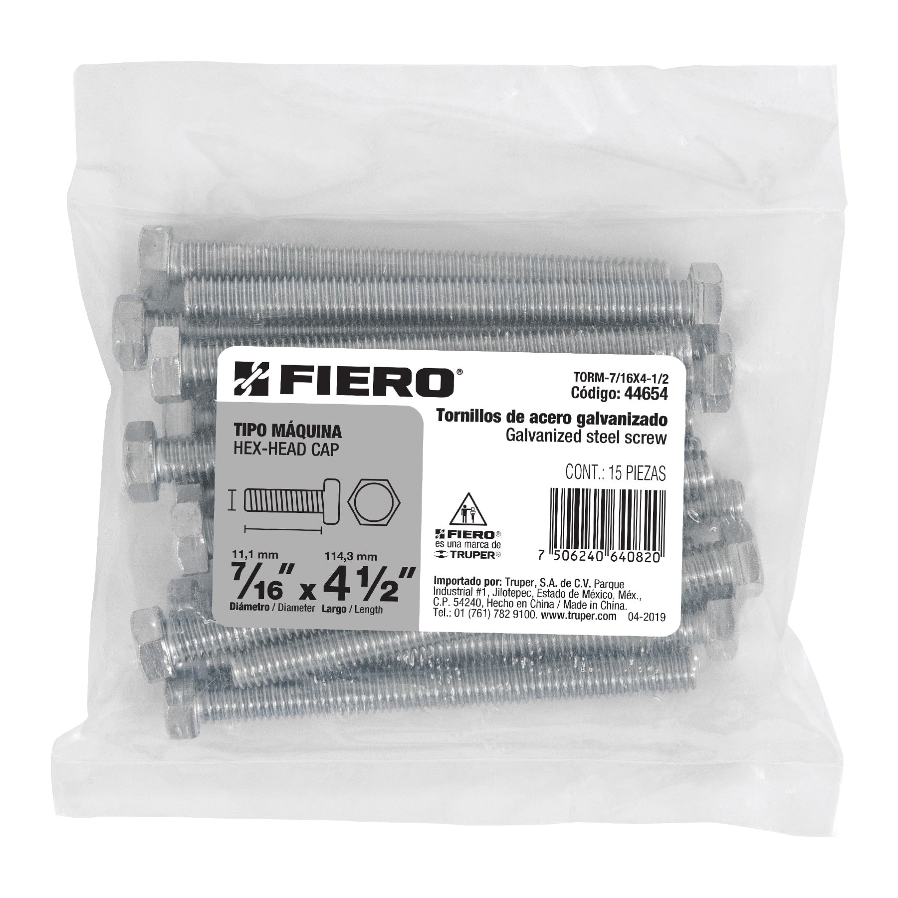 Bolsa con 15 tornillos 7/16" x 4-1/2" tipo máquina, FIERO