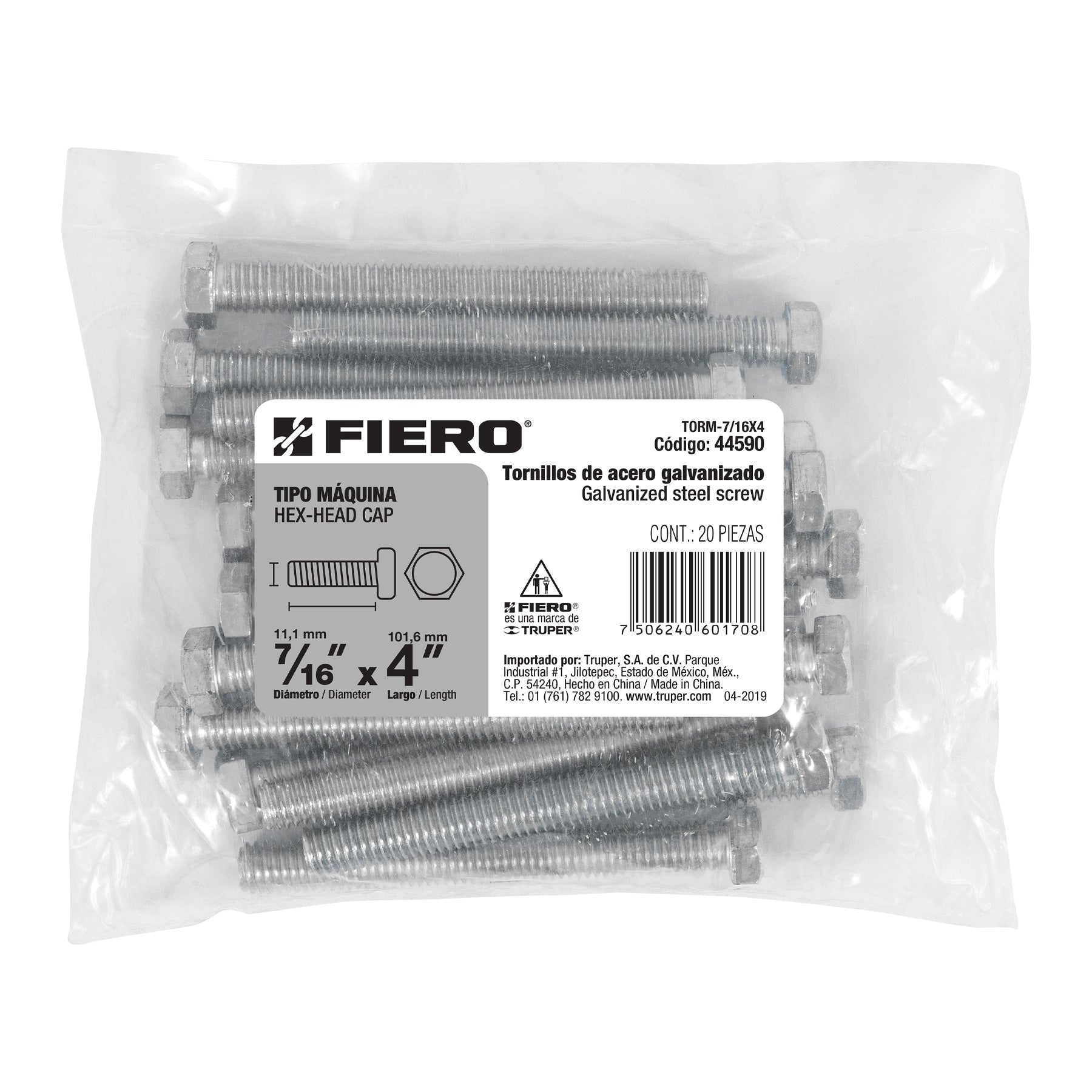 Bolsa con 20 tornillos 7/16" x 4" tipo máquina, FIERO