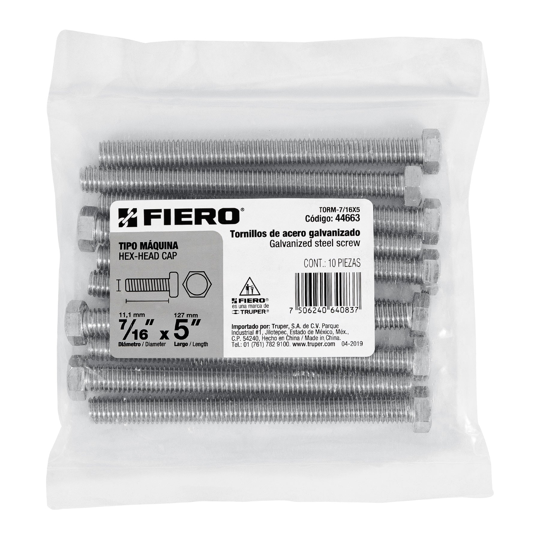 Bolsa con 10 tornillos 7/16" x 5" tipo máquina, FIERO