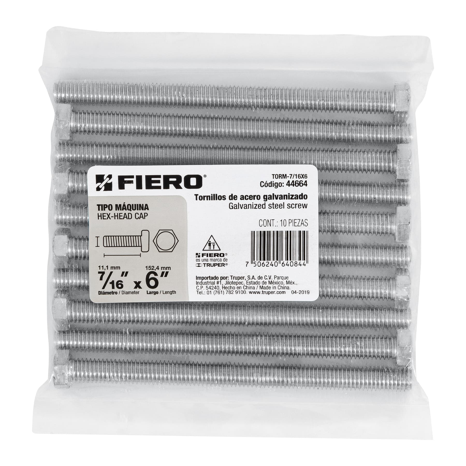 Bolsa con 10 tornillos 7/16" x 6" tipo máquina, FIERO