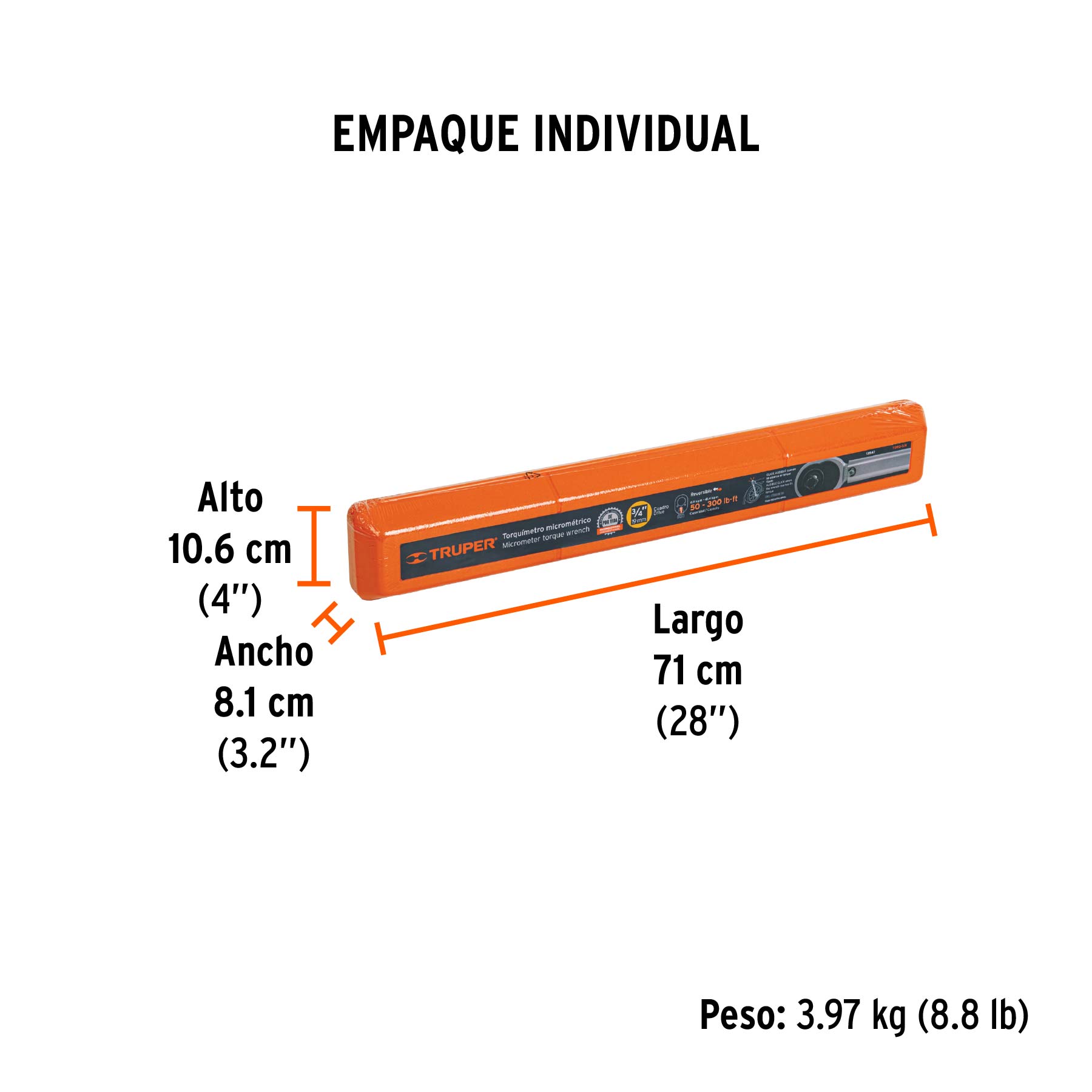 Torquímetro micrométrico, cuadro 3/4", TRUPER - Empaque