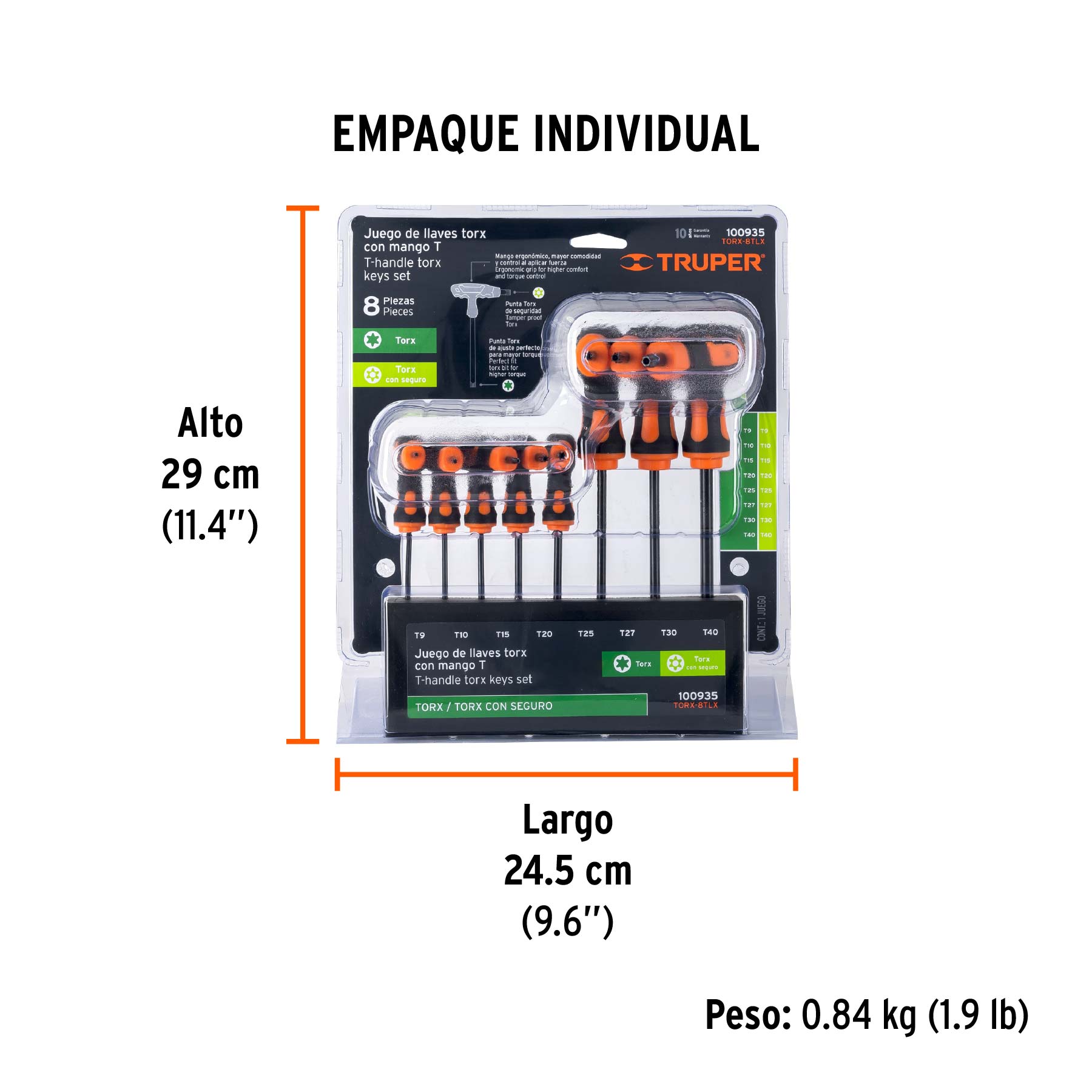 Juego de 8 llaves torx extralargas con mango T, TRUPER - Empaque