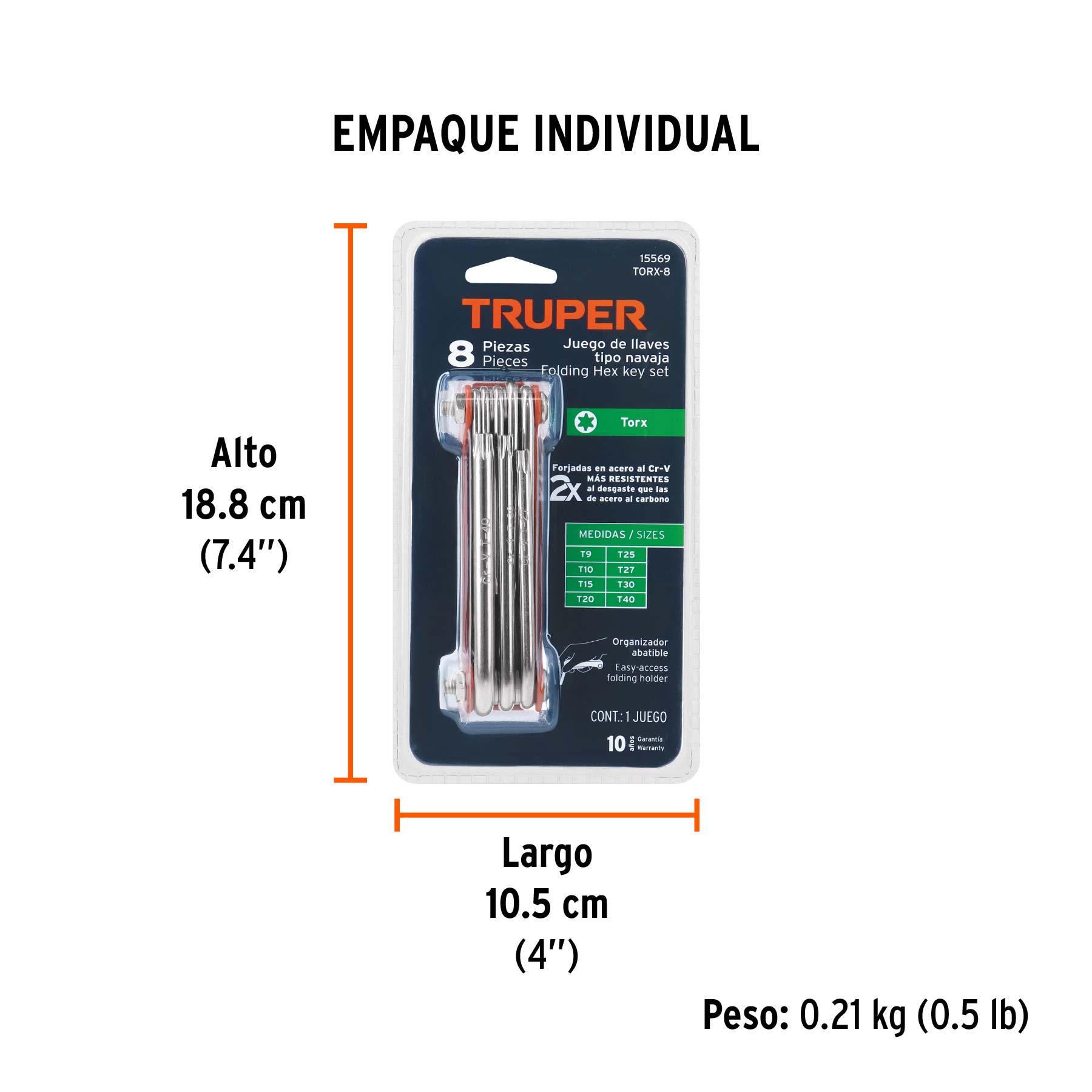 Juego de 8 llaves torx tipo navaja, cuerpo de lámina, TRUPER - Empaque