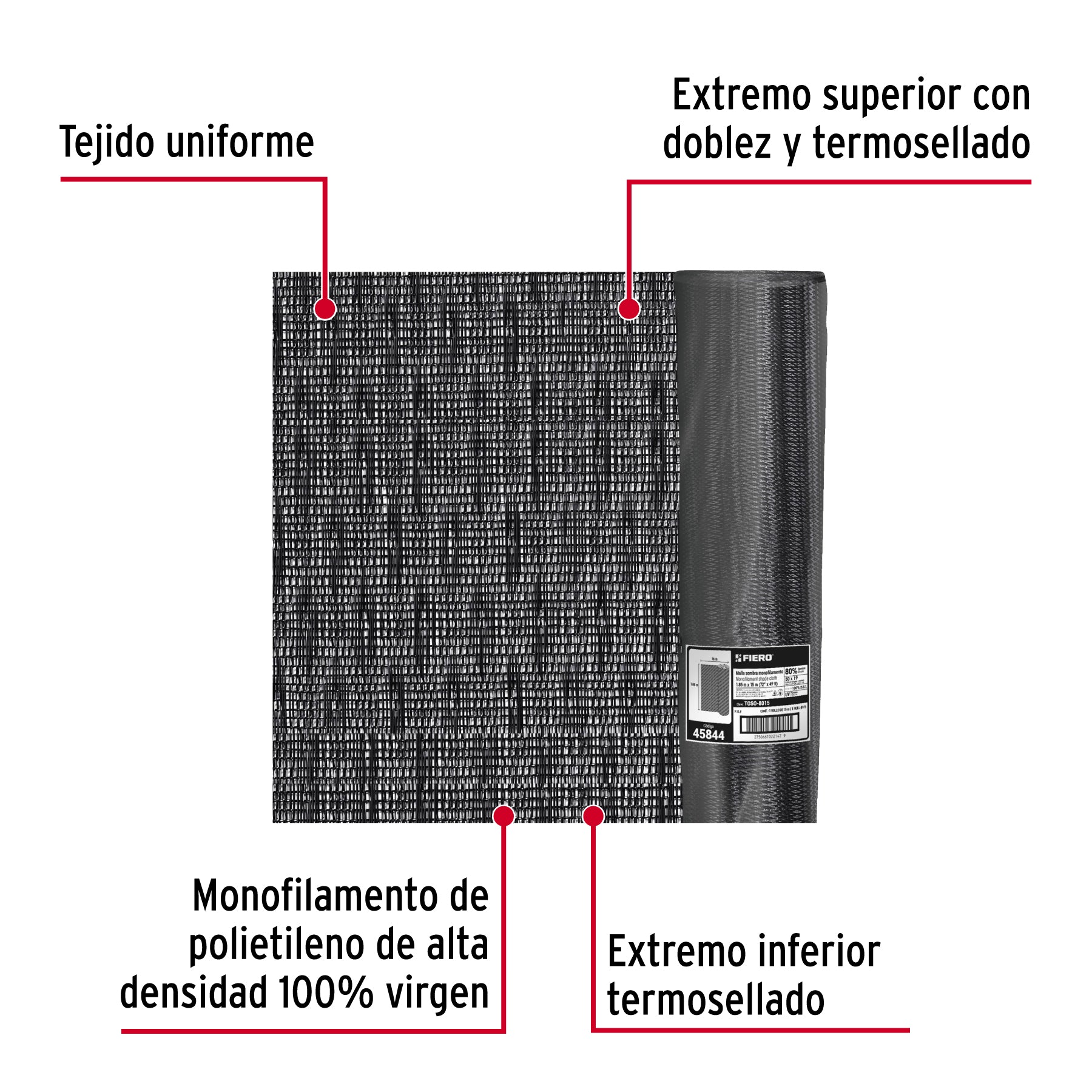 Rollo de malla sombra 80%, monofilamento negro, 1.85m x 15m