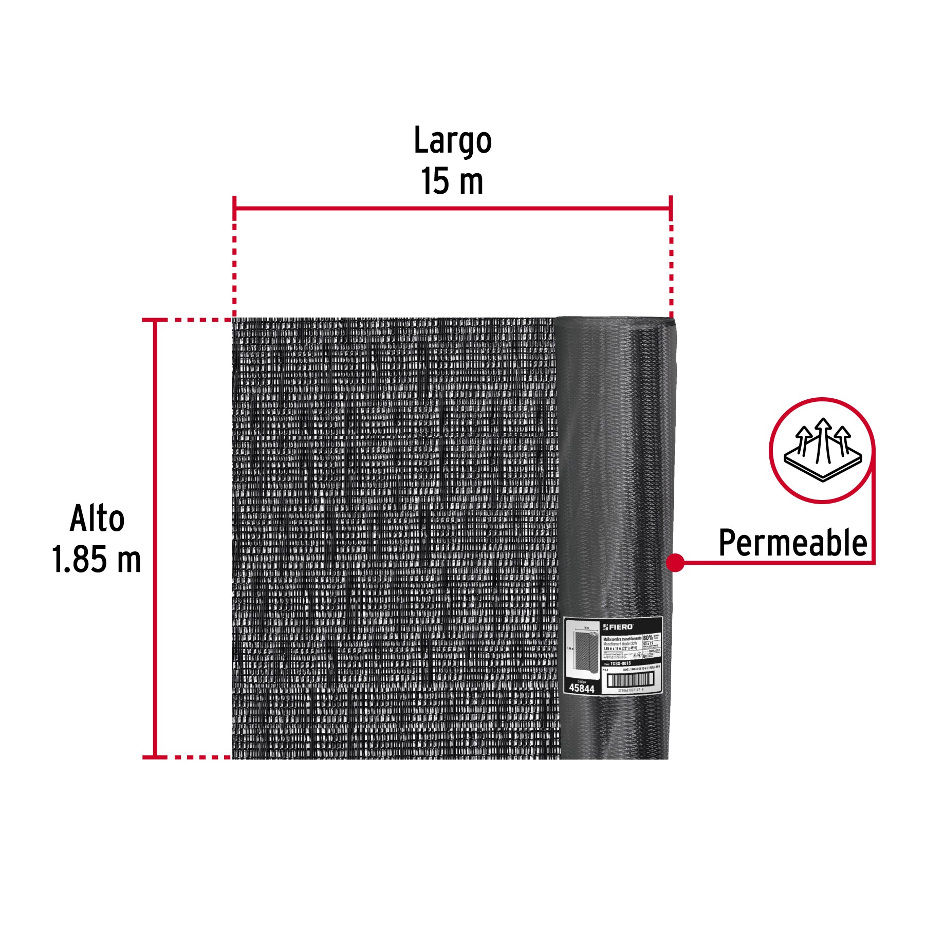 Rollo de malla sombra 80%, monofilamento negro, 1.85m x 15m