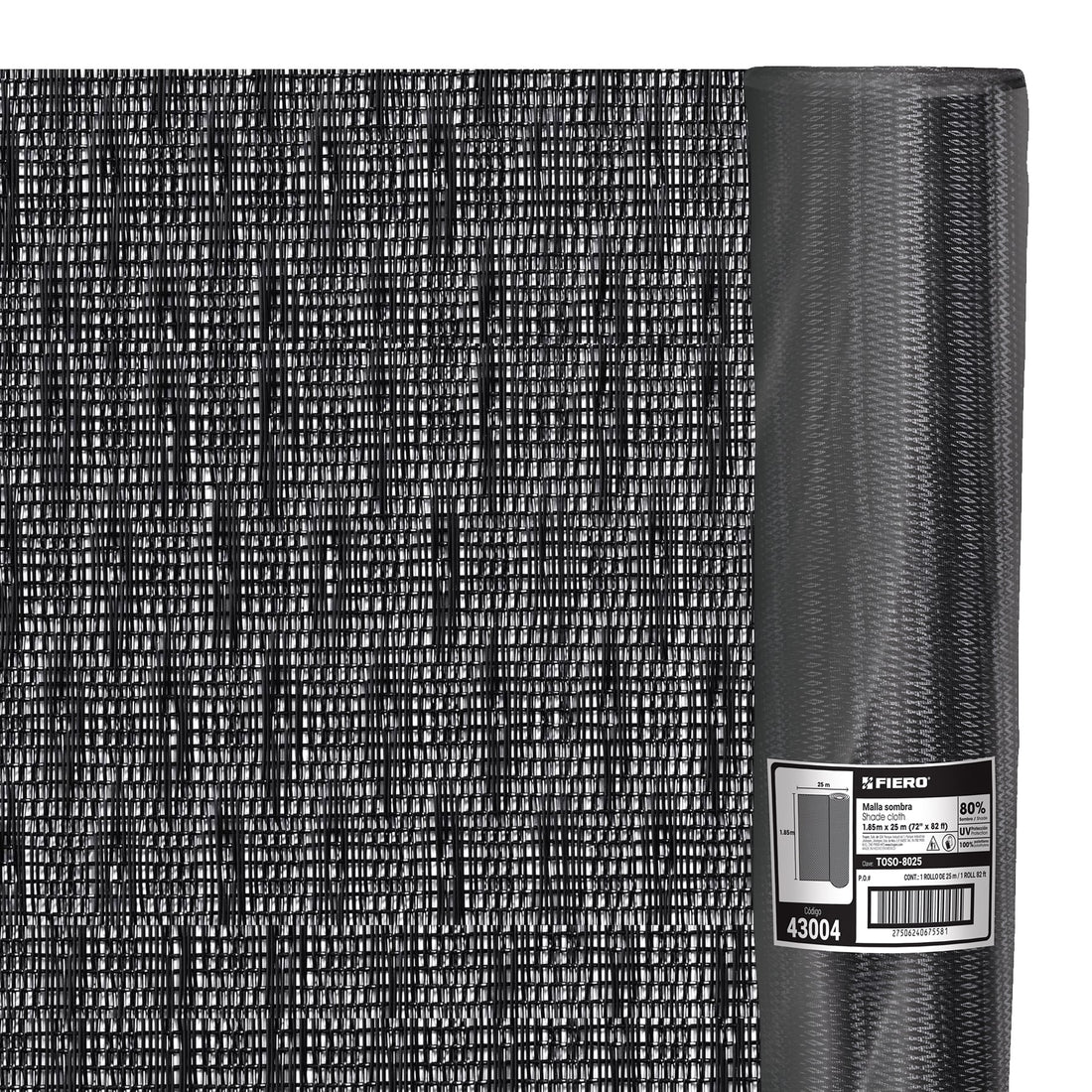 Rollo de malla sombra 80%, monofilamento negro, 1.85m x 25m