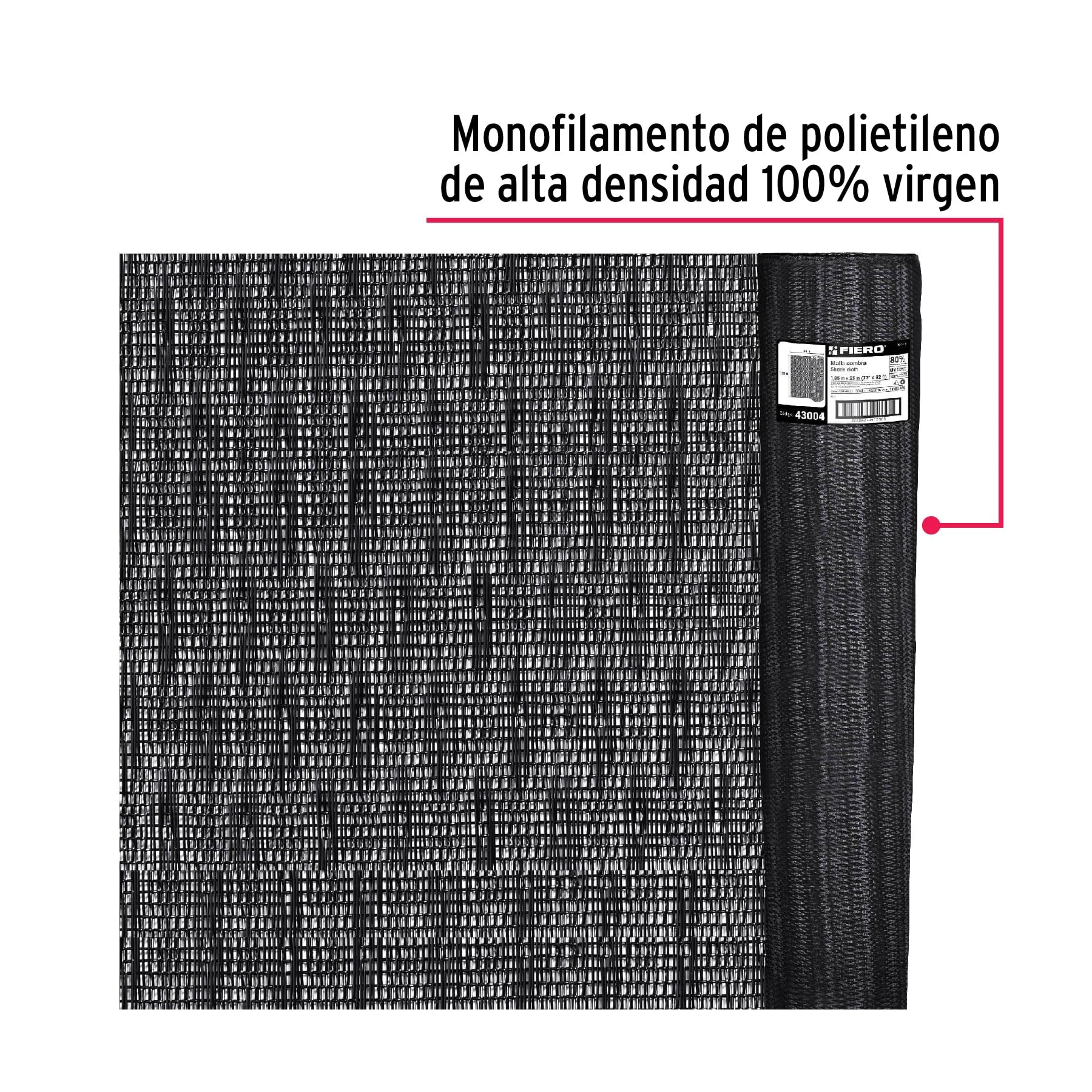 Rollo de malla sombra 80%, monofilamento negro, 1.85m x 25m