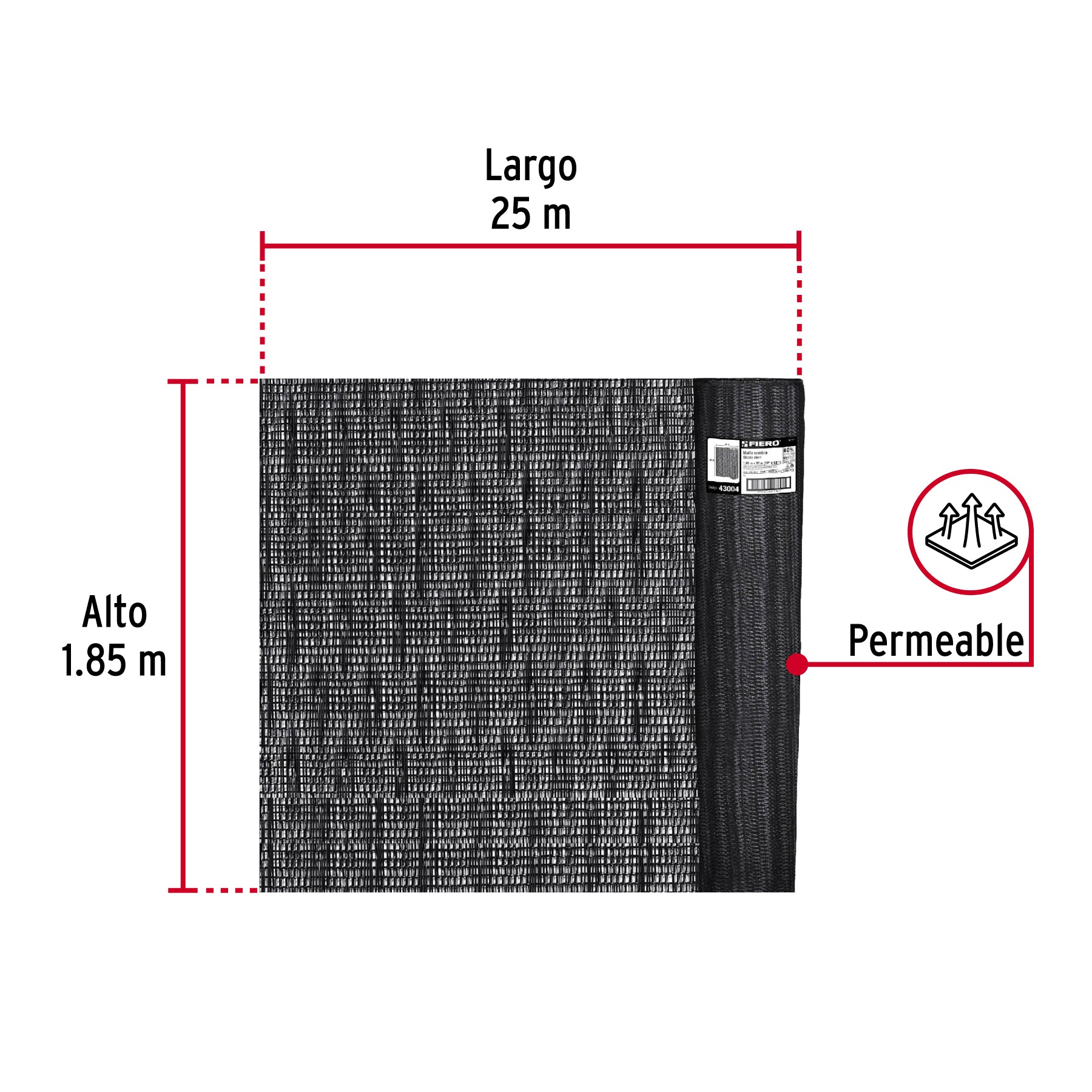 Rollo de malla sombra 80%, monofilamento negro, 1.85m x 25m