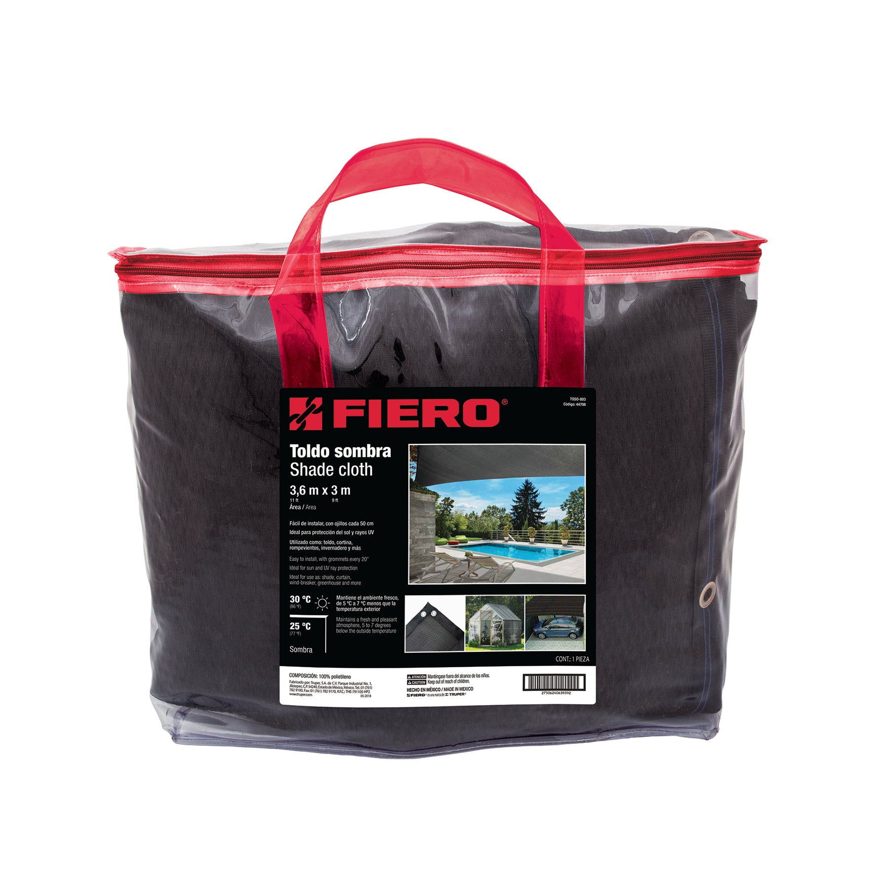 Toldo sombra 80%, monofilamento negro, 3.6m x 4m, FIERO