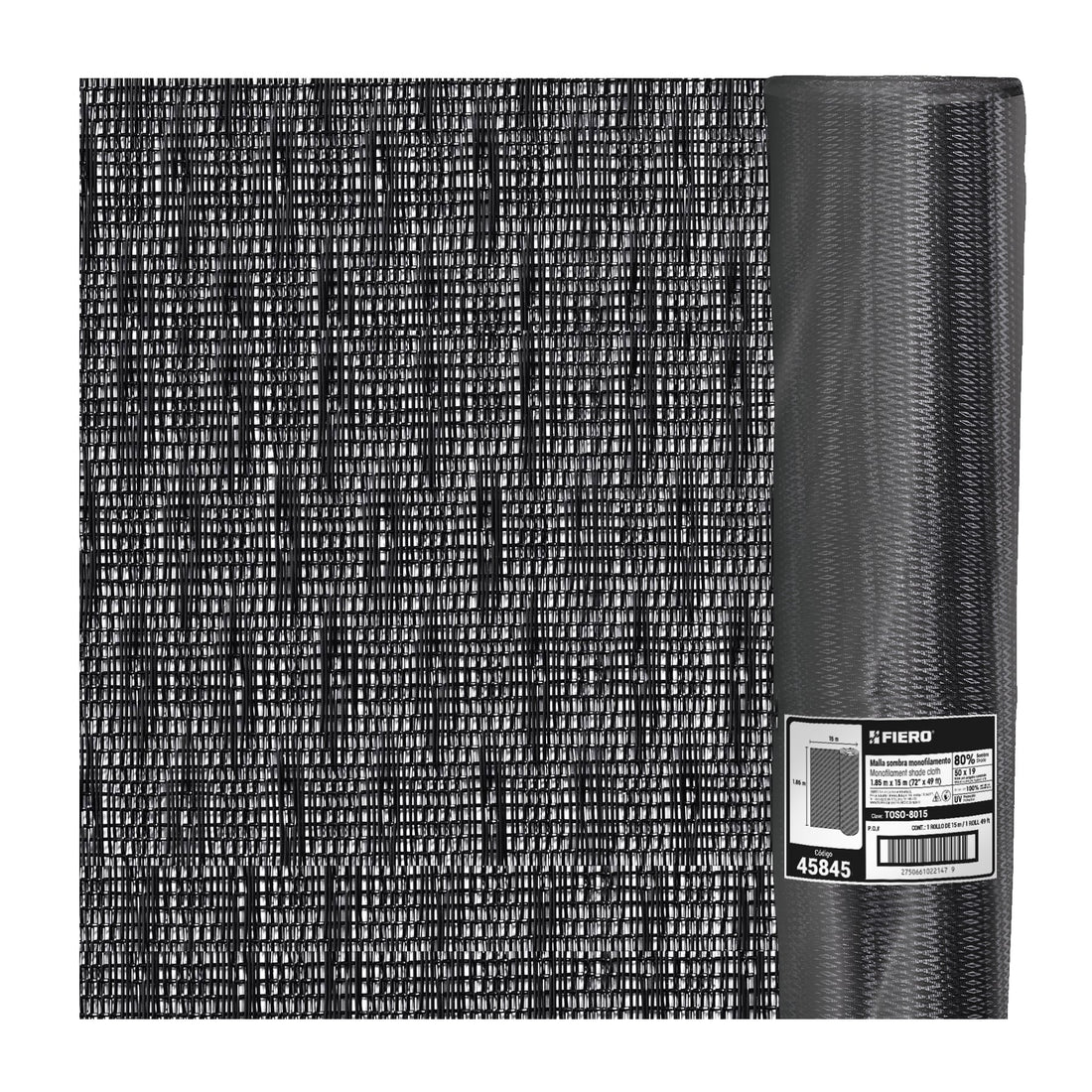 Rollo de malla sombra 80%, monofilamento negro, 1.85m x 50m