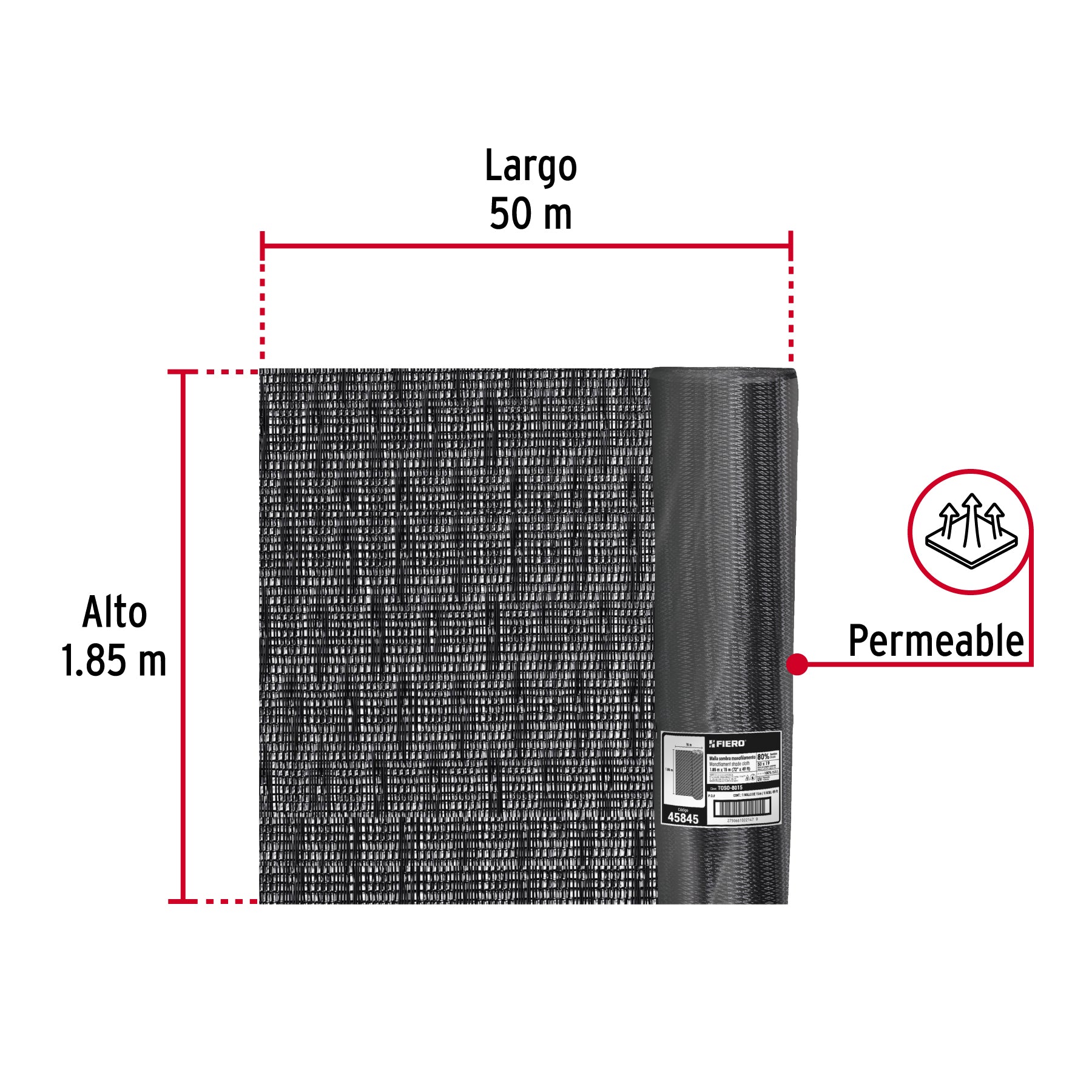 Rollo de malla sombra 80%, monofilamento negro, 1.85m x 50m