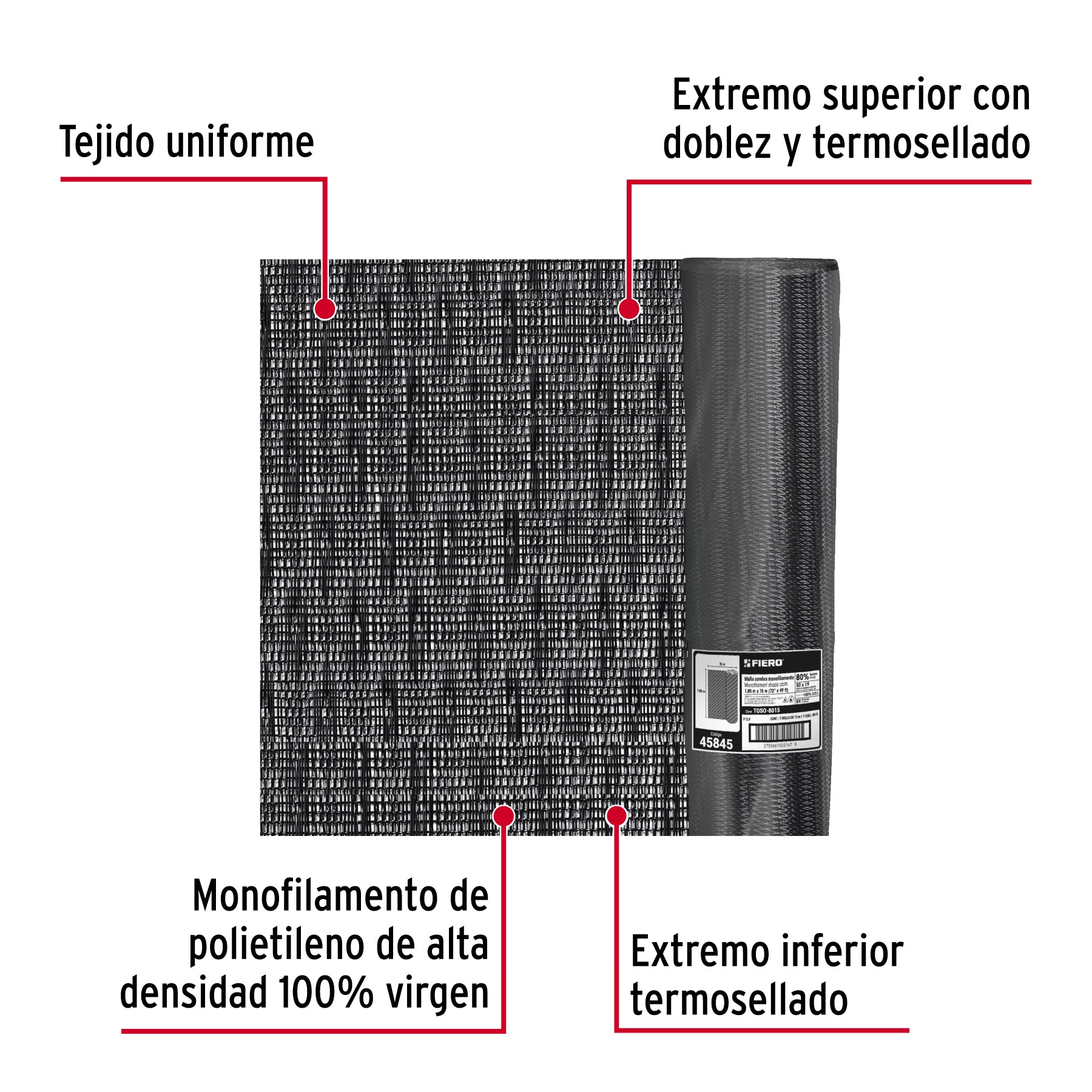 Rollo de malla sombra 80%, monofilamento negro, 1.85m x 50m