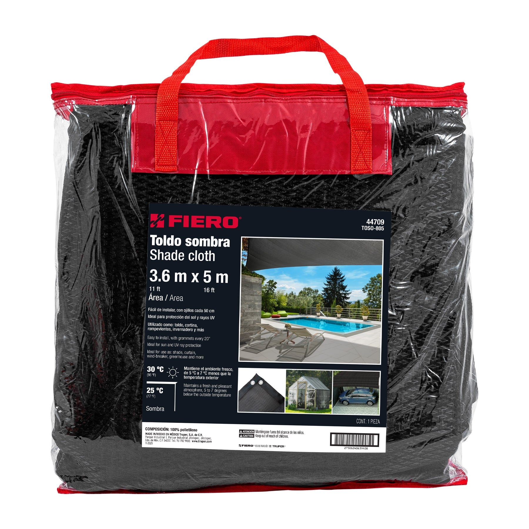 Toldo sombra 80%, monofilamento negro, 3.6m x 5m, FIERO