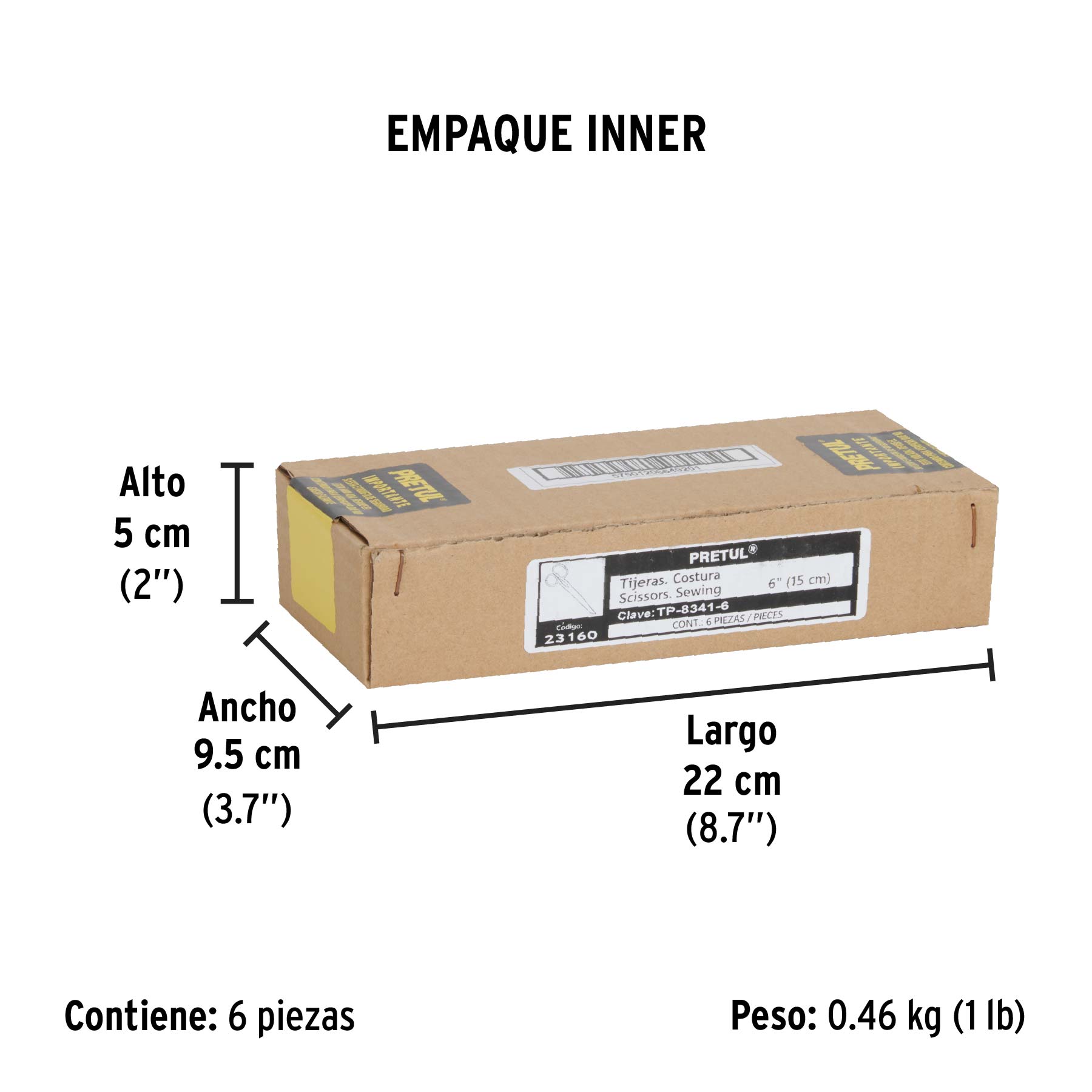 Tijera 6" para costura, ojo grande, acero inoxidable, PRETUL - Empaque