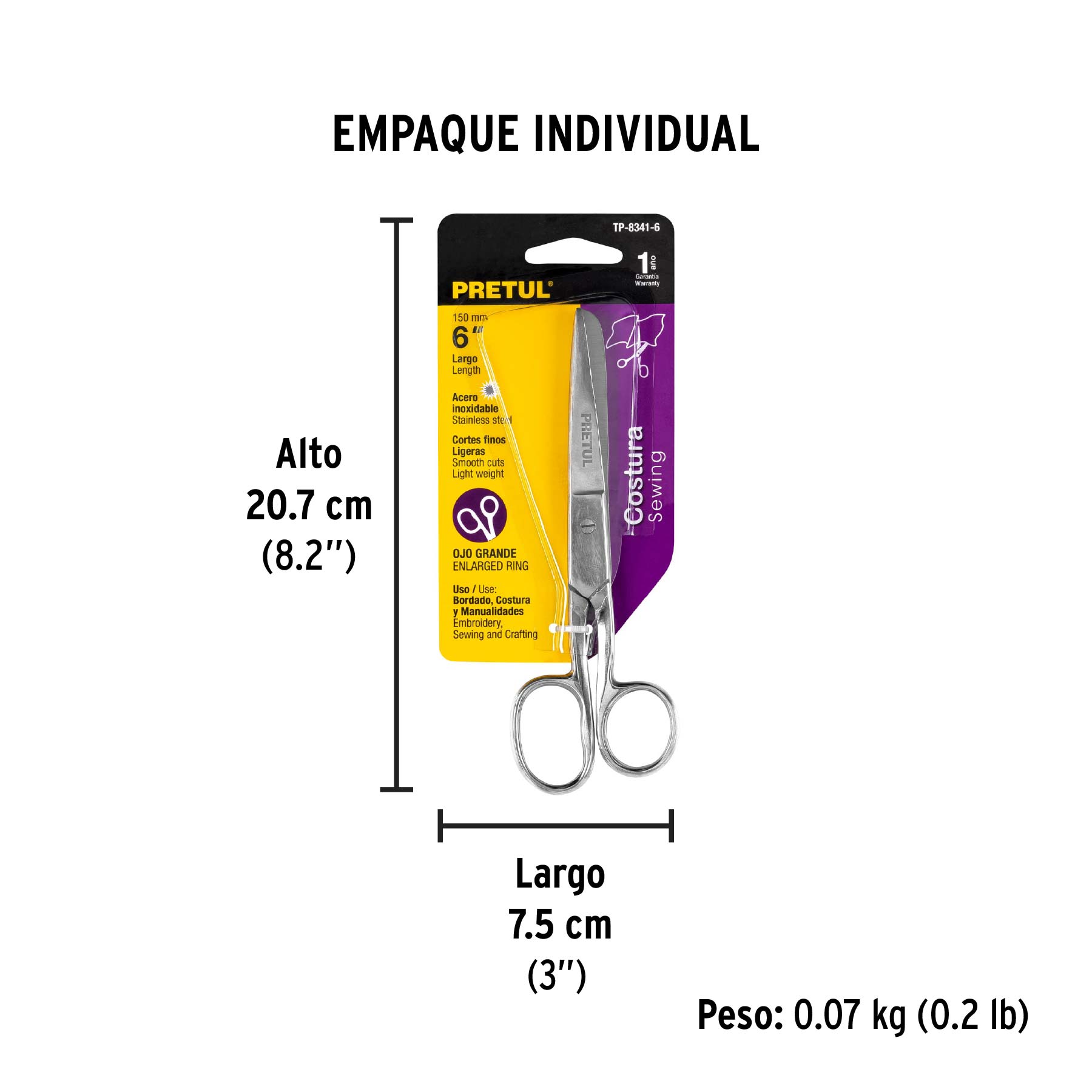 Tijera 6" para costura, ojo grande, acero inoxidable, PRETUL - Empaque