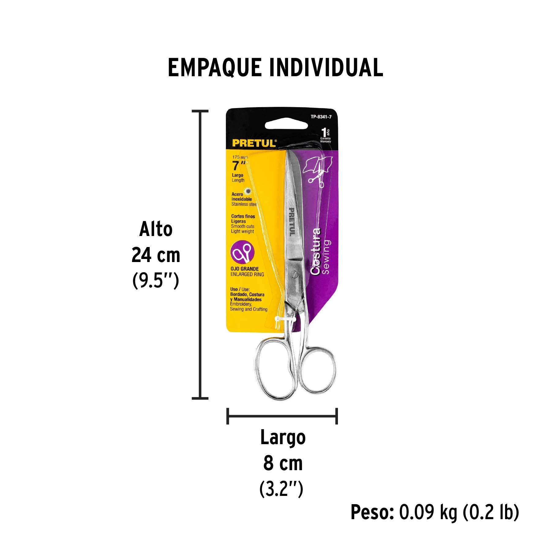 Tijera 7" para costura, ojo grande, acero inoxidable, PRETUL - Empaque
