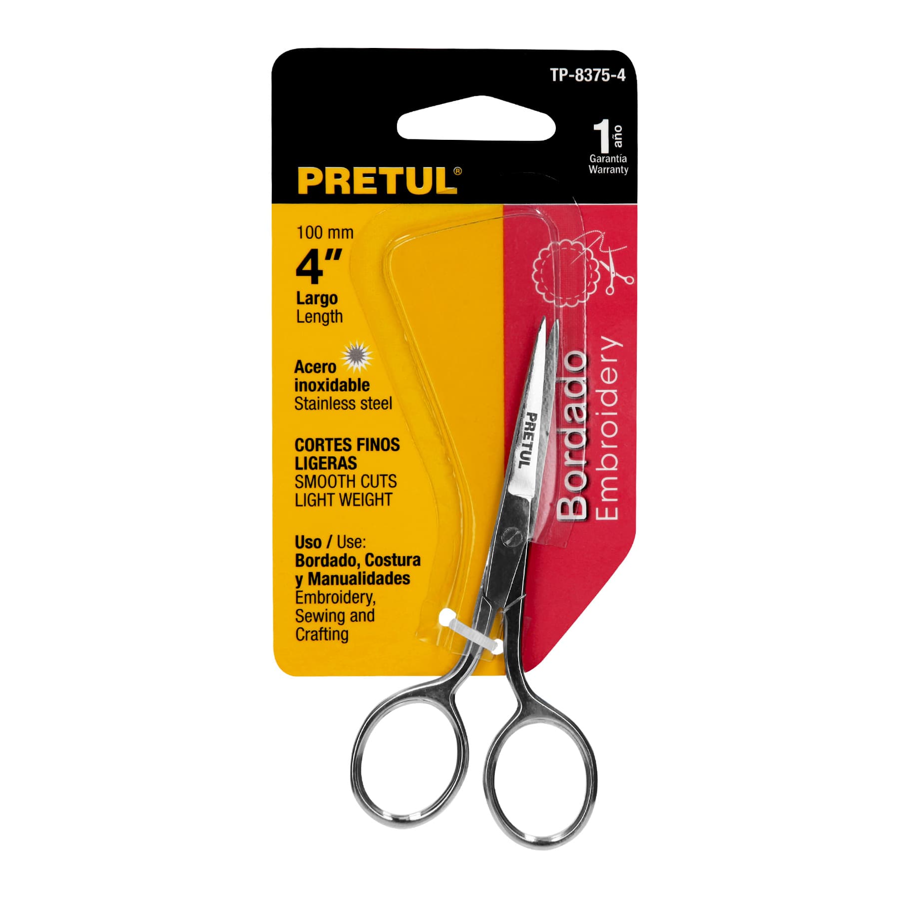 Tijera 4" para bordar, de acero inoxidable, PRETUL