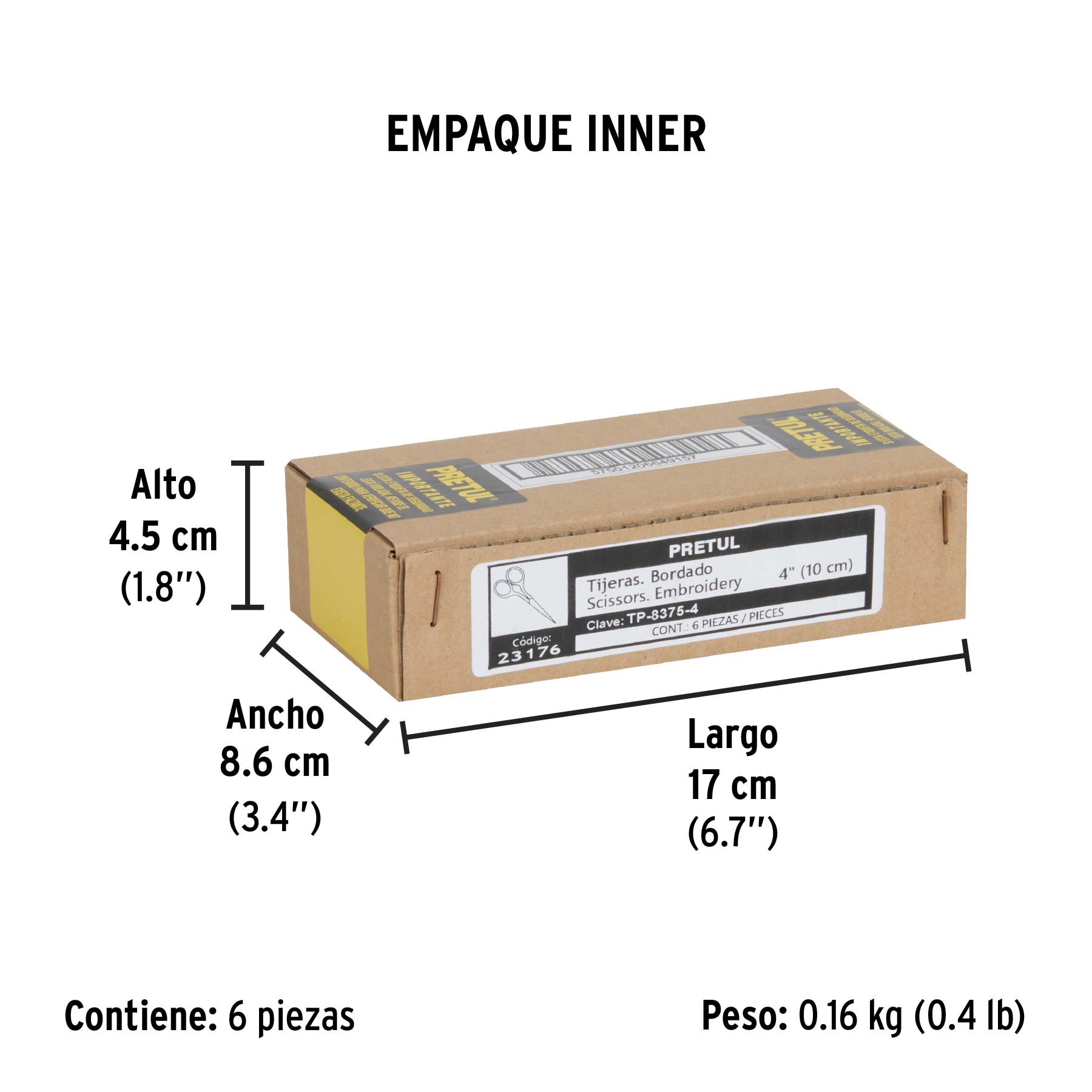 Tijera 4" para bordar, de acero inoxidable, PRETUL - Empaque