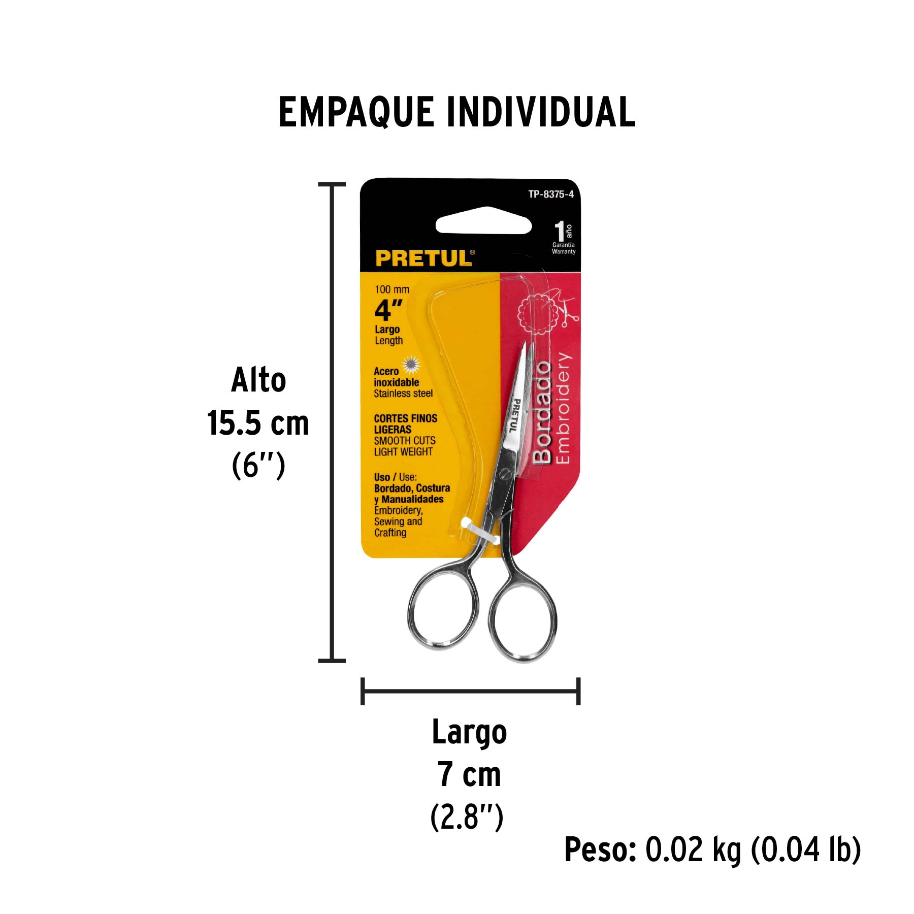Tijera 4" para bordar, de acero inoxidable, PRETUL - Empaque