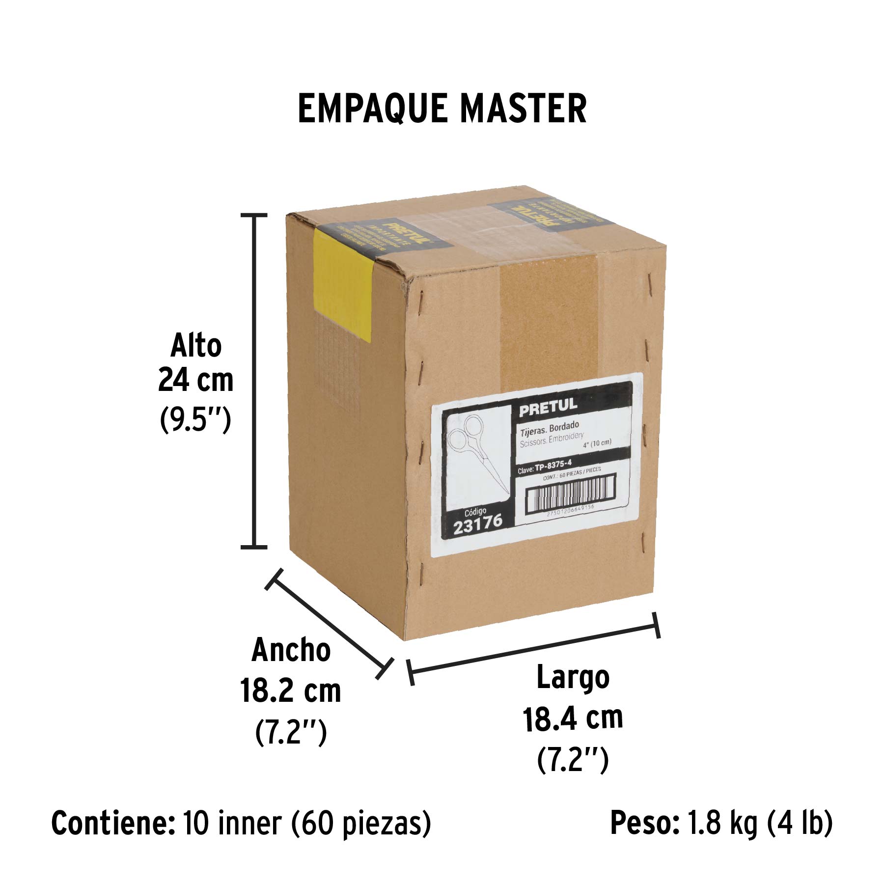 Tijera 4" para bordar, de acero inoxidable, PRETUL - Empaque