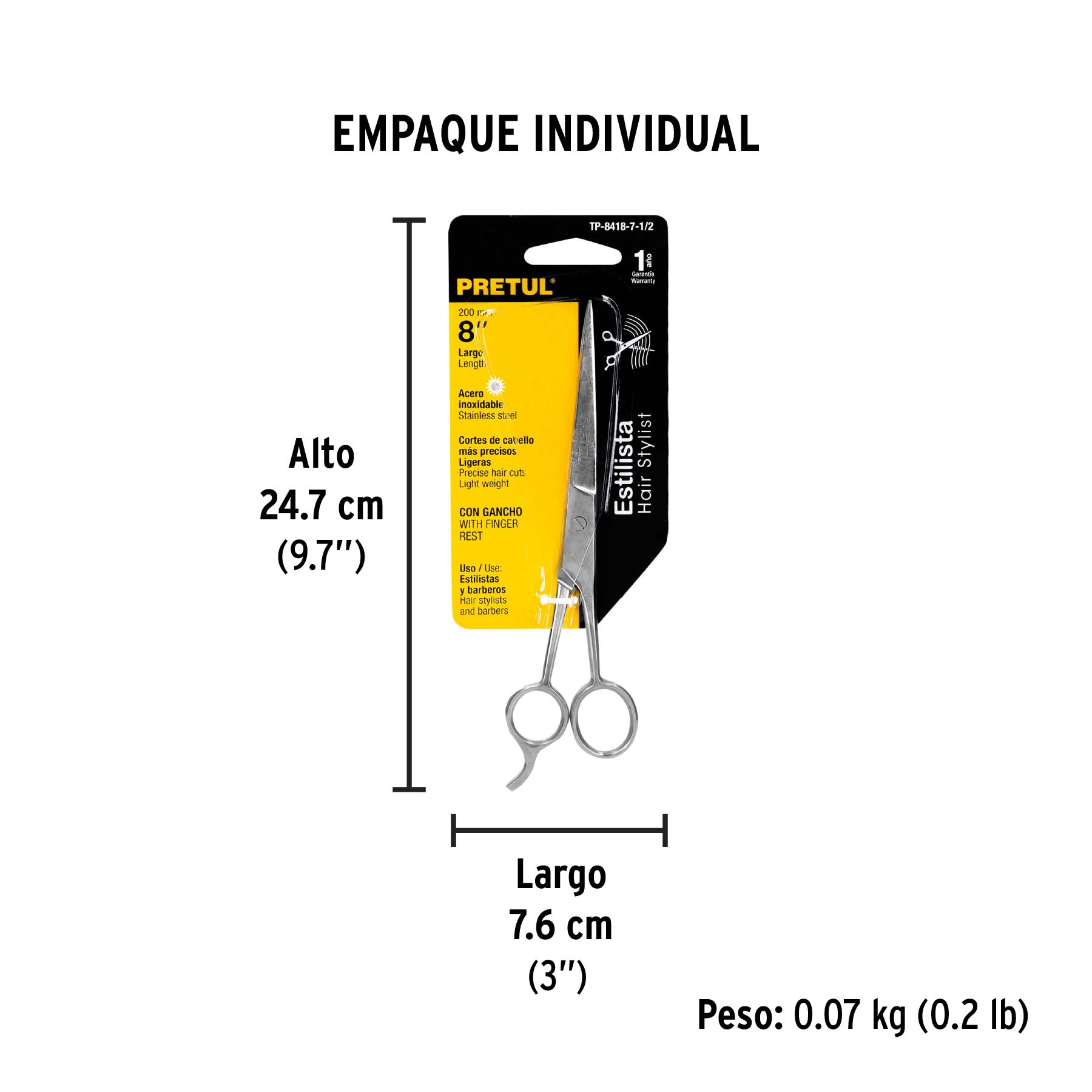 Tijera 7-1/2" estilista, con gancho, acero inoxidable,PRETUL - Empaque
