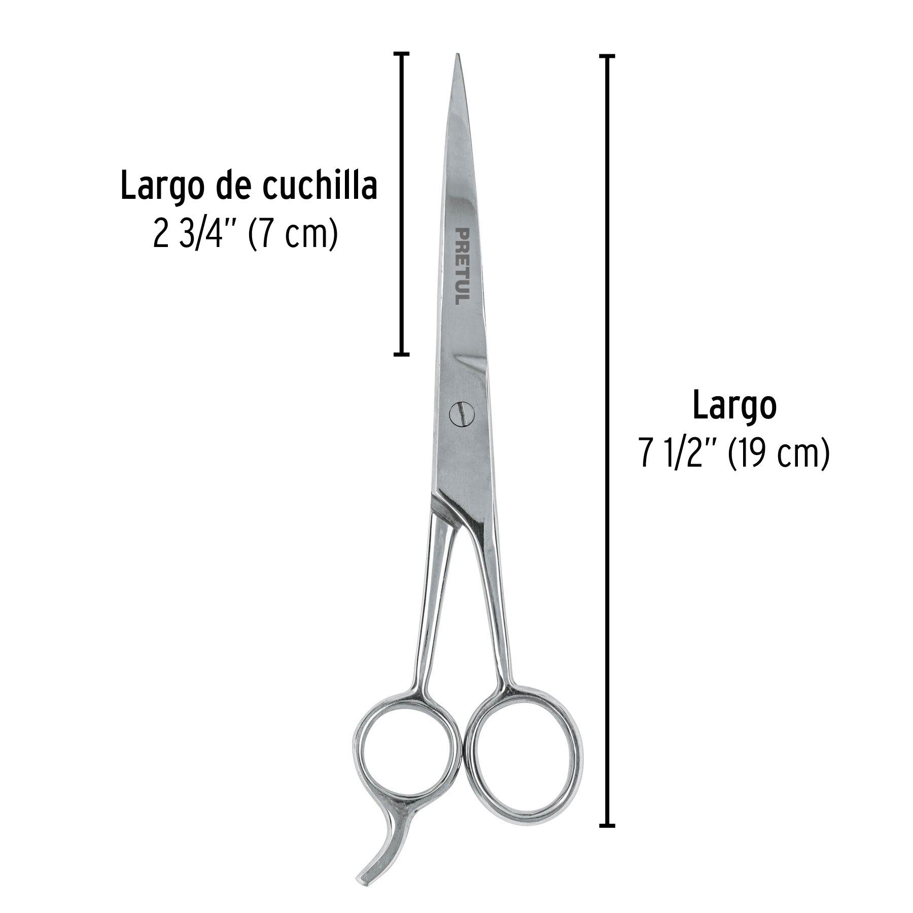 Tijera 7-1/2" estilista, con gancho, acero inoxidable,PRETUL