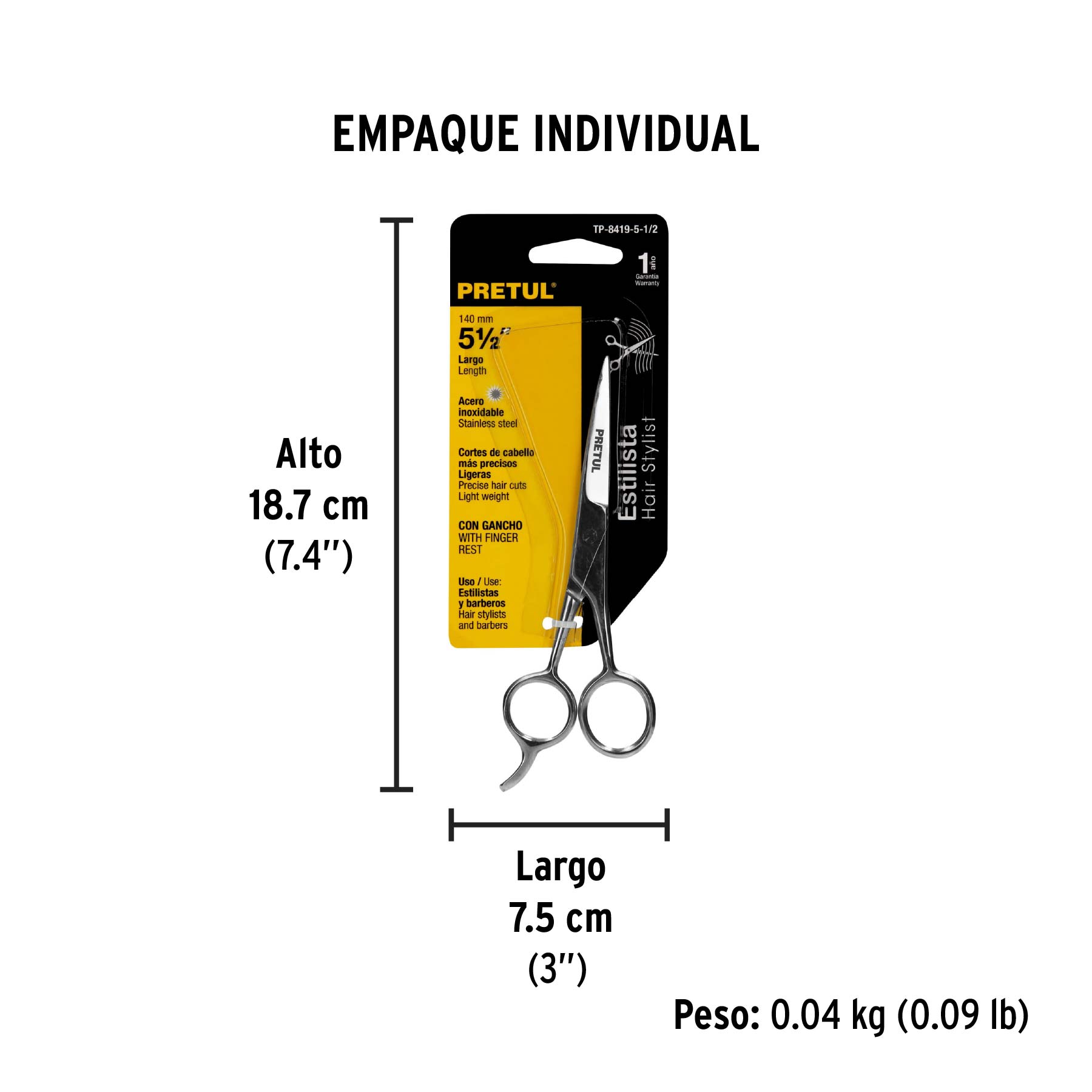 Tijera 5-1/2" estilista, con gancho, acero inoxidable,PRETUL - Empaque