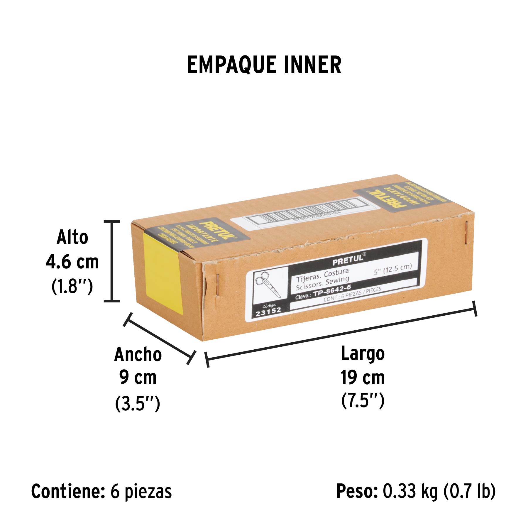 Tijera 5" para costura, de acero inoxidable, PRETUL - Empaque
