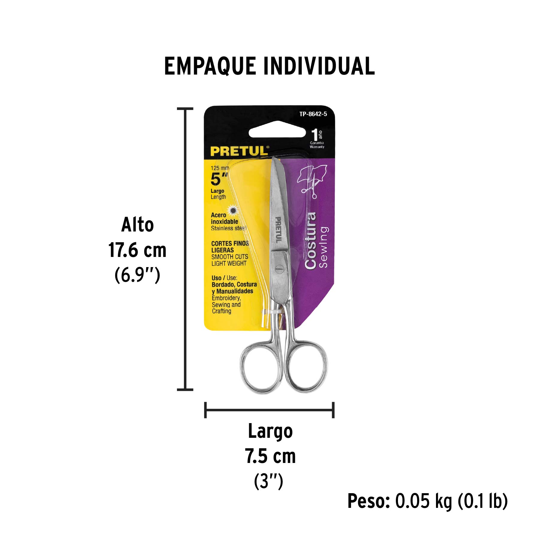 Tijera 5" para costura, de acero inoxidable, PRETUL - Empaque
