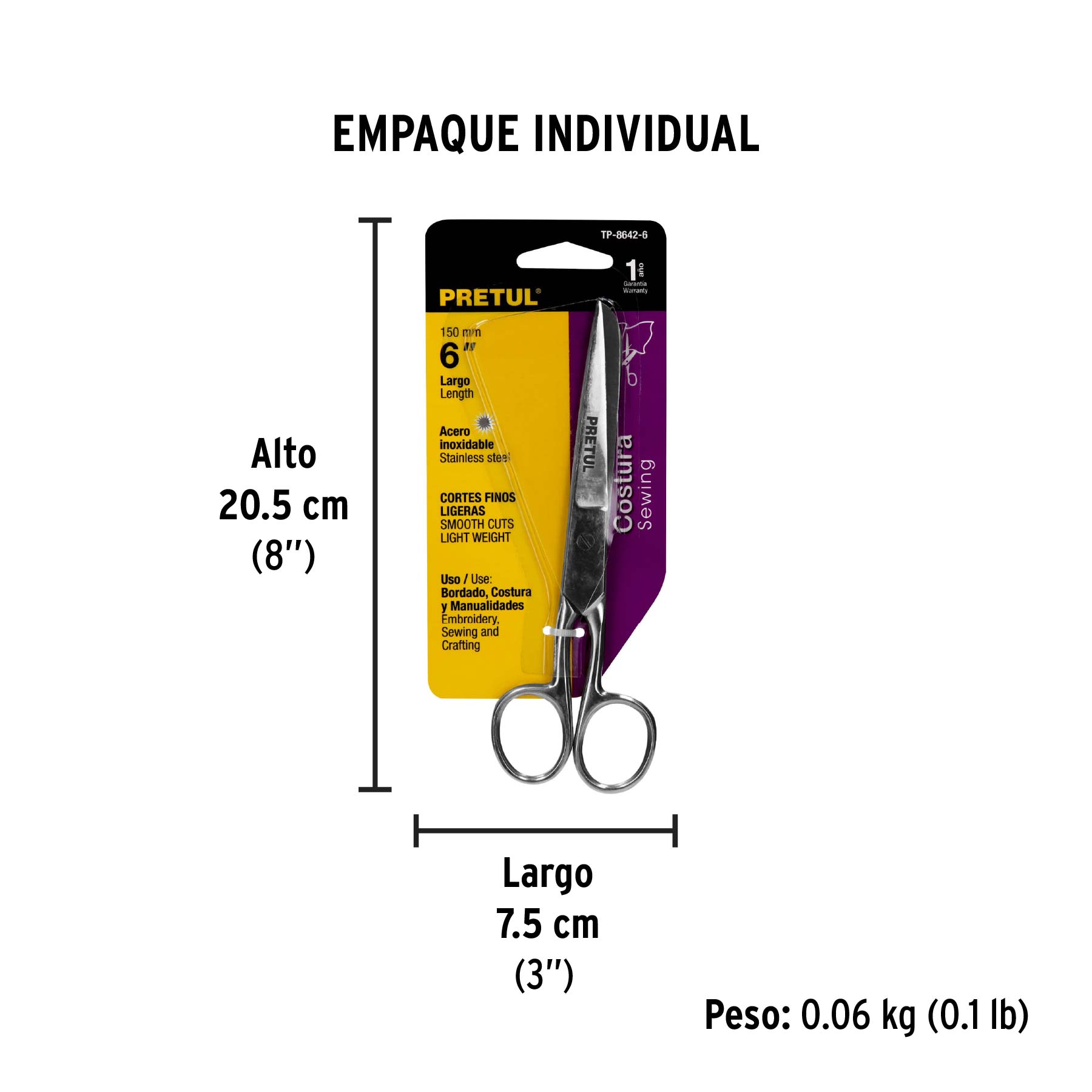 Tijera 6" para costura, de acero inoxidable, PRETUL - Empaque