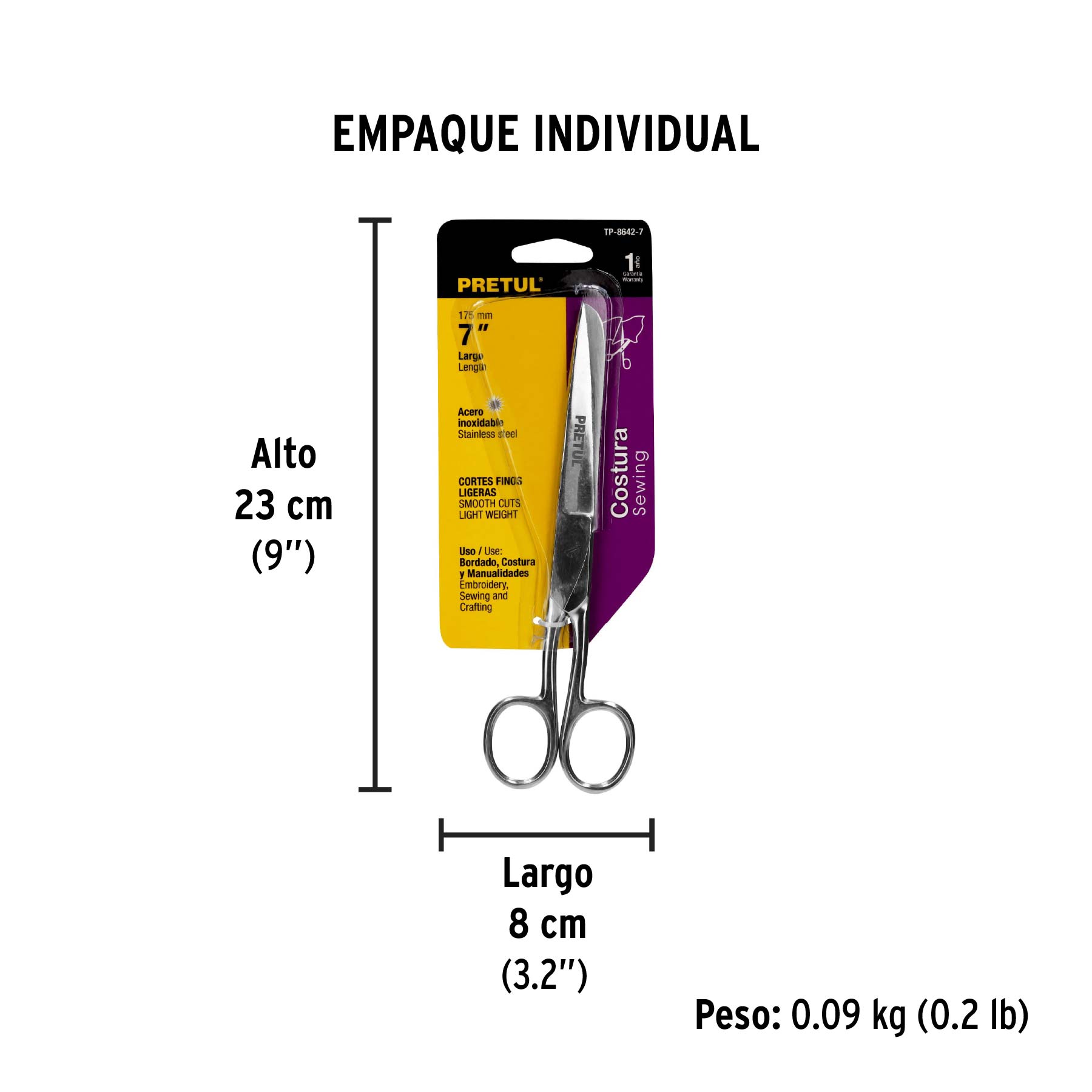 Tijera 7" para costura, de acero inoxidable, PRETUL - Empaque