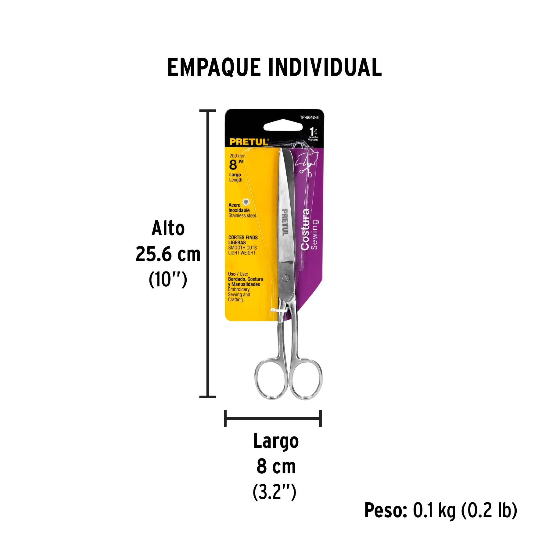 Tijera 8" para costura, de acero inoxidable, PRETUL - Empaque