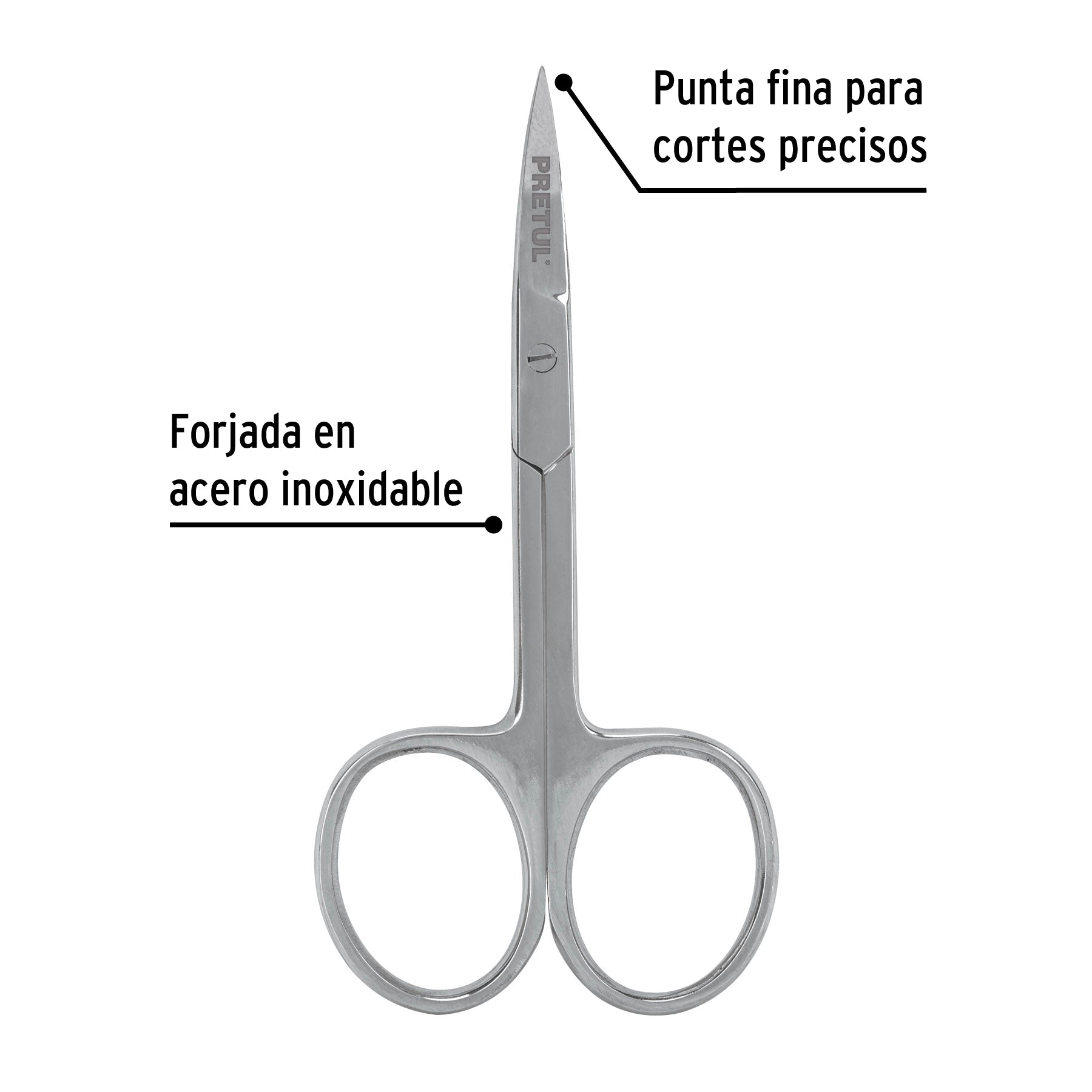 Tijera manicure 3-1/2" acero inoxidable, punta curva, PRETUL
